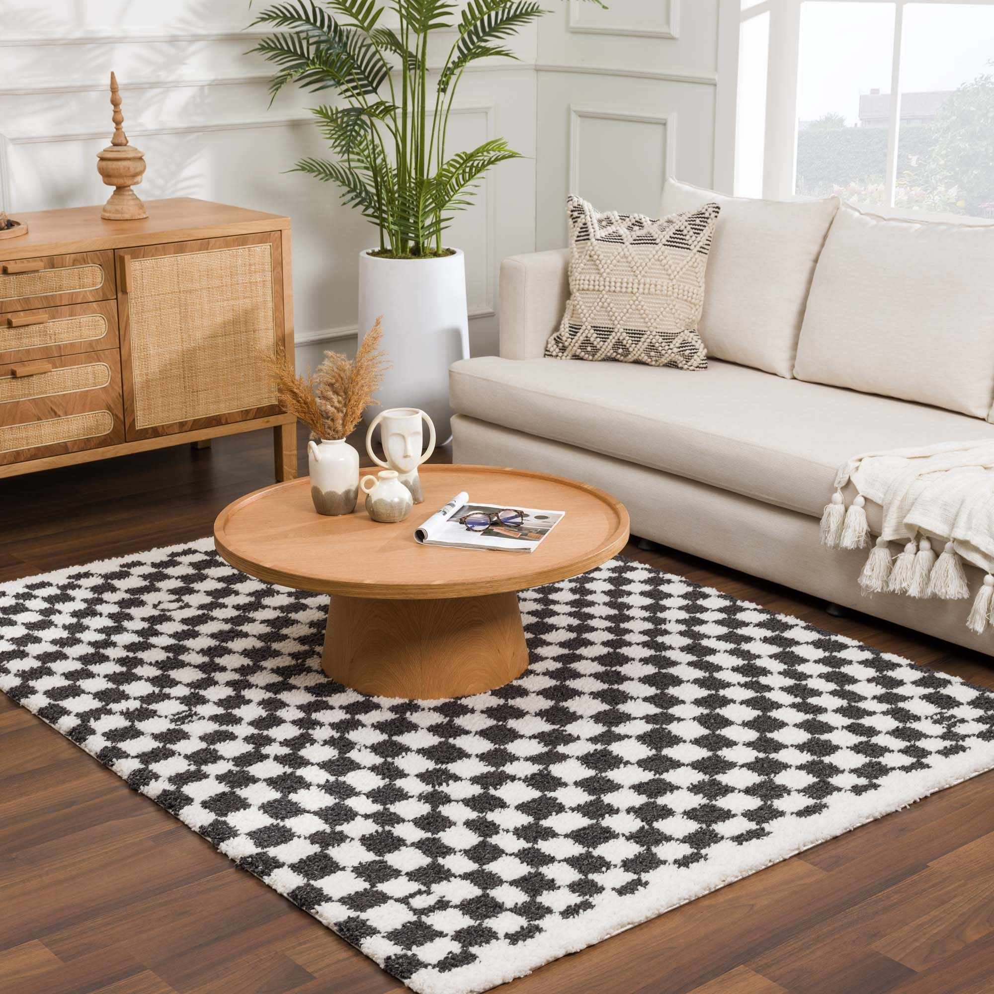 Modern Geometrical Charcoal and Ivory Checkered Plush Pile Moroccan Style Area Rug - Image 12