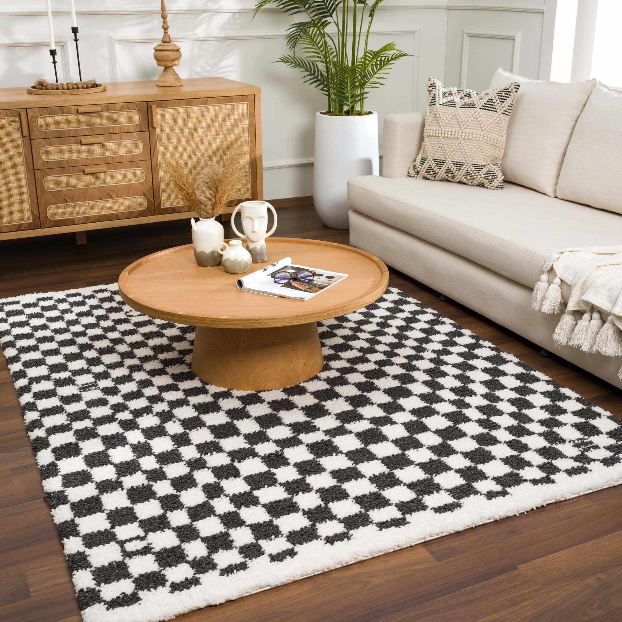 Modern Geometrical Charcoal and Ivory Checkered Plush Pile Moroccan Style Area Rug - Image 13