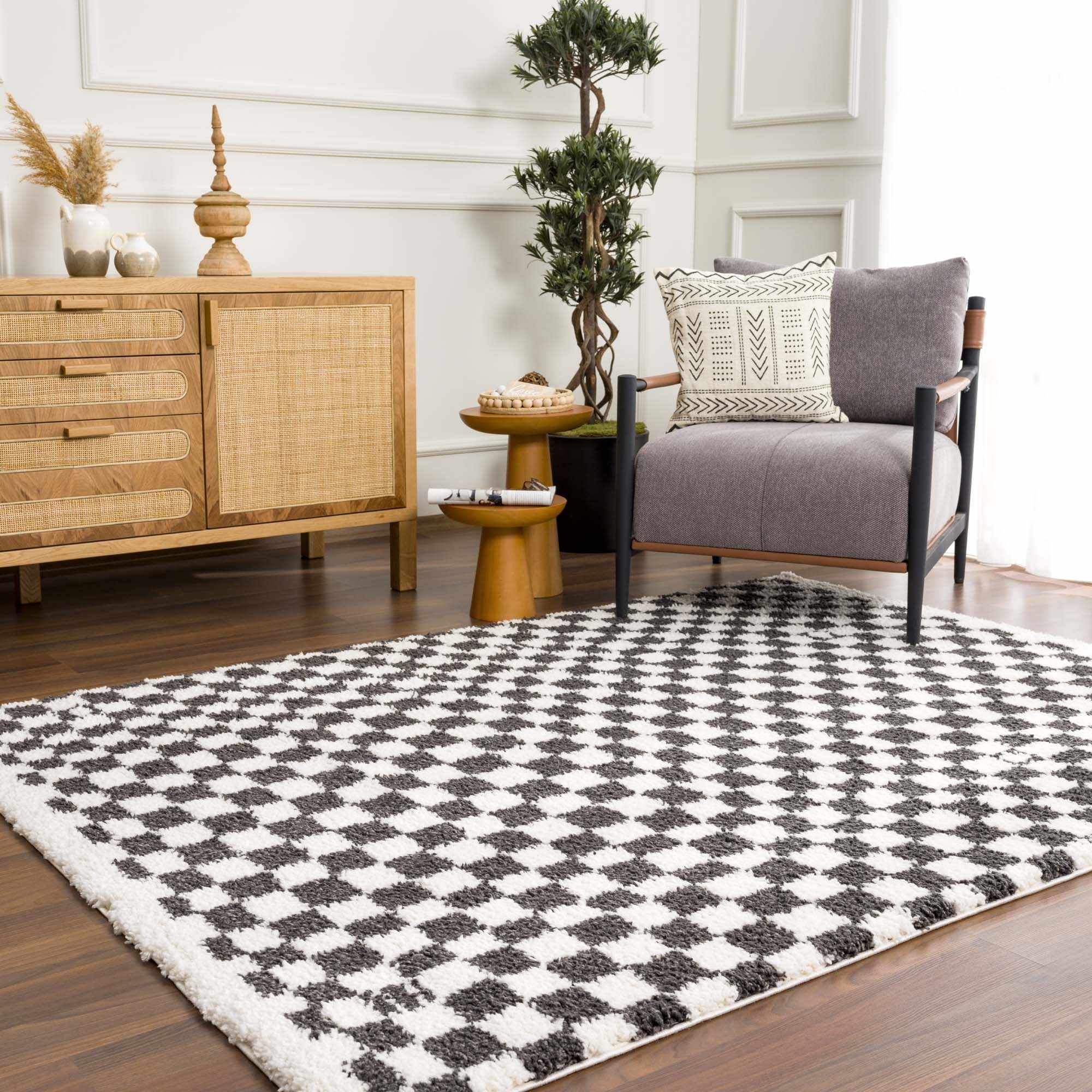 Modern Geometrical Charcoal and Ivory Checkered Plush Pile Moroccan Style Area Rug - Image 14