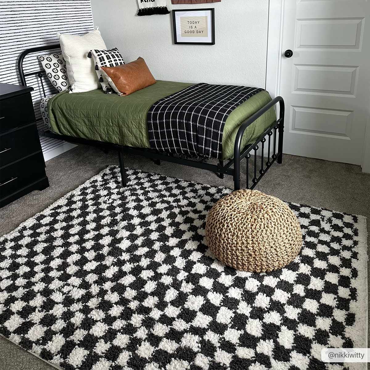 Modern Geometrical Charcoal and Ivory Checkered Plush Pile Moroccan Style Area Rug - Image 2