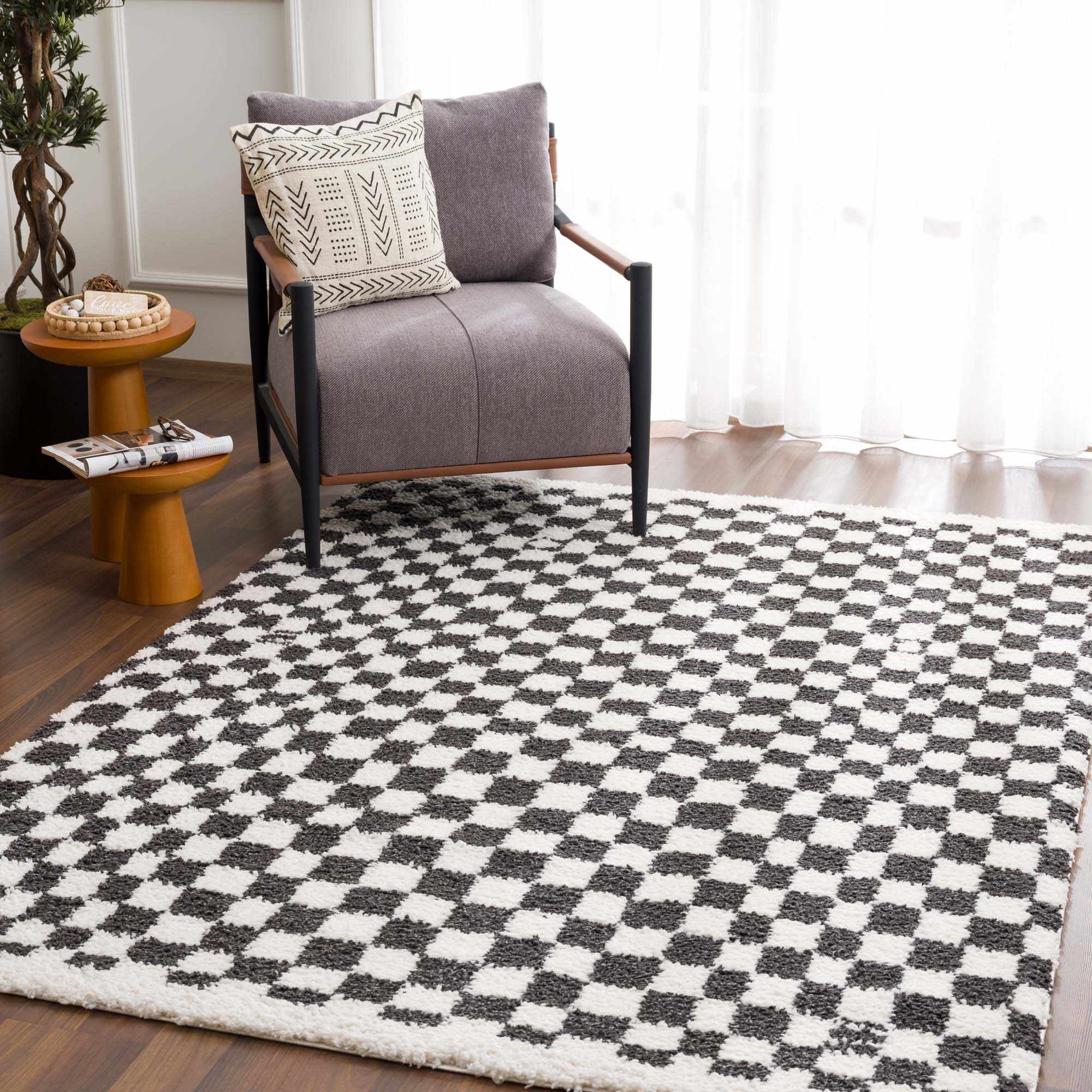 Modern Geometrical Charcoal and Ivory Checkered Plush Pile Moroccan Style Area Rug - Image 4