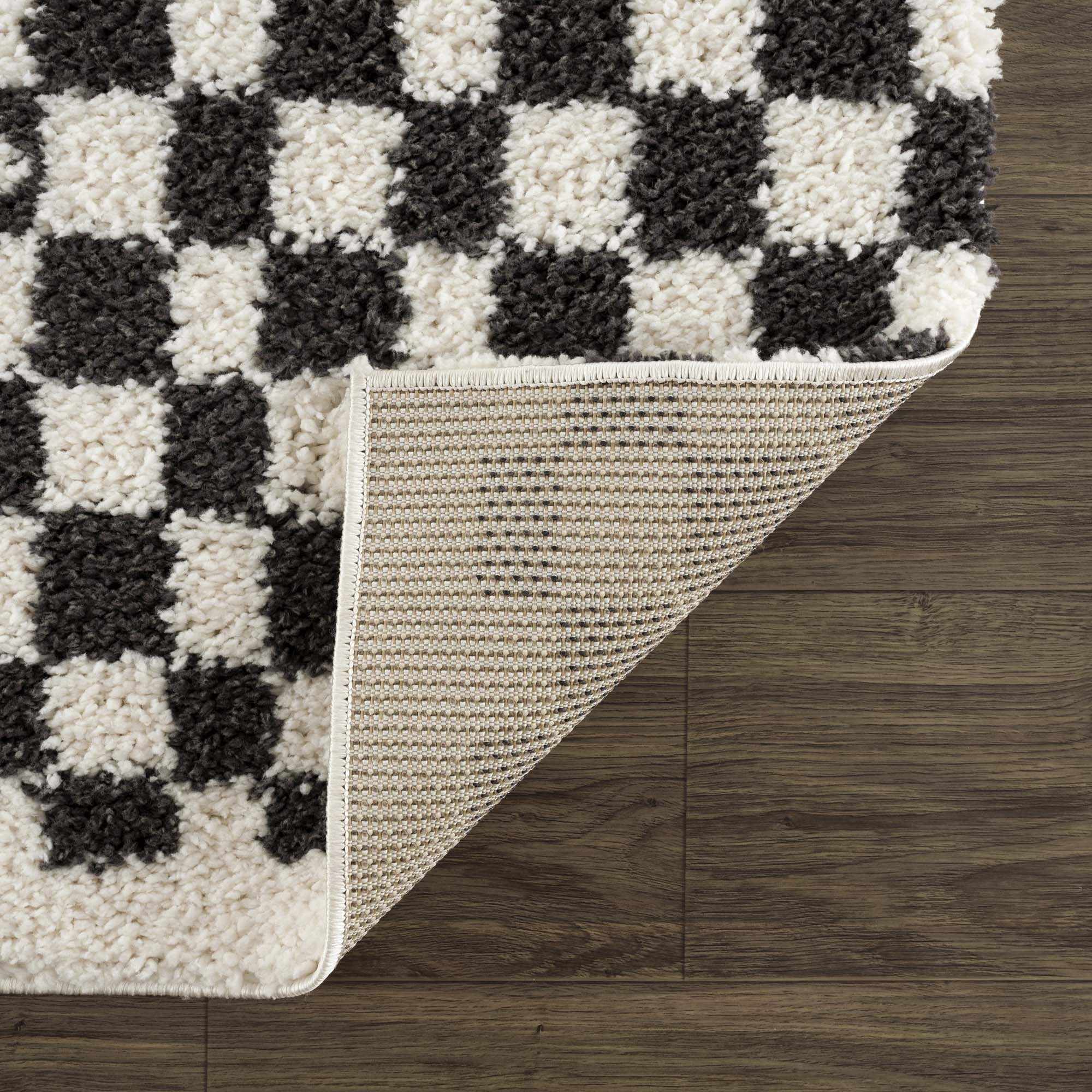 Modern Geometrical Charcoal and Ivory Checkered Plush Pile Moroccan Style Area Rug - Image 5