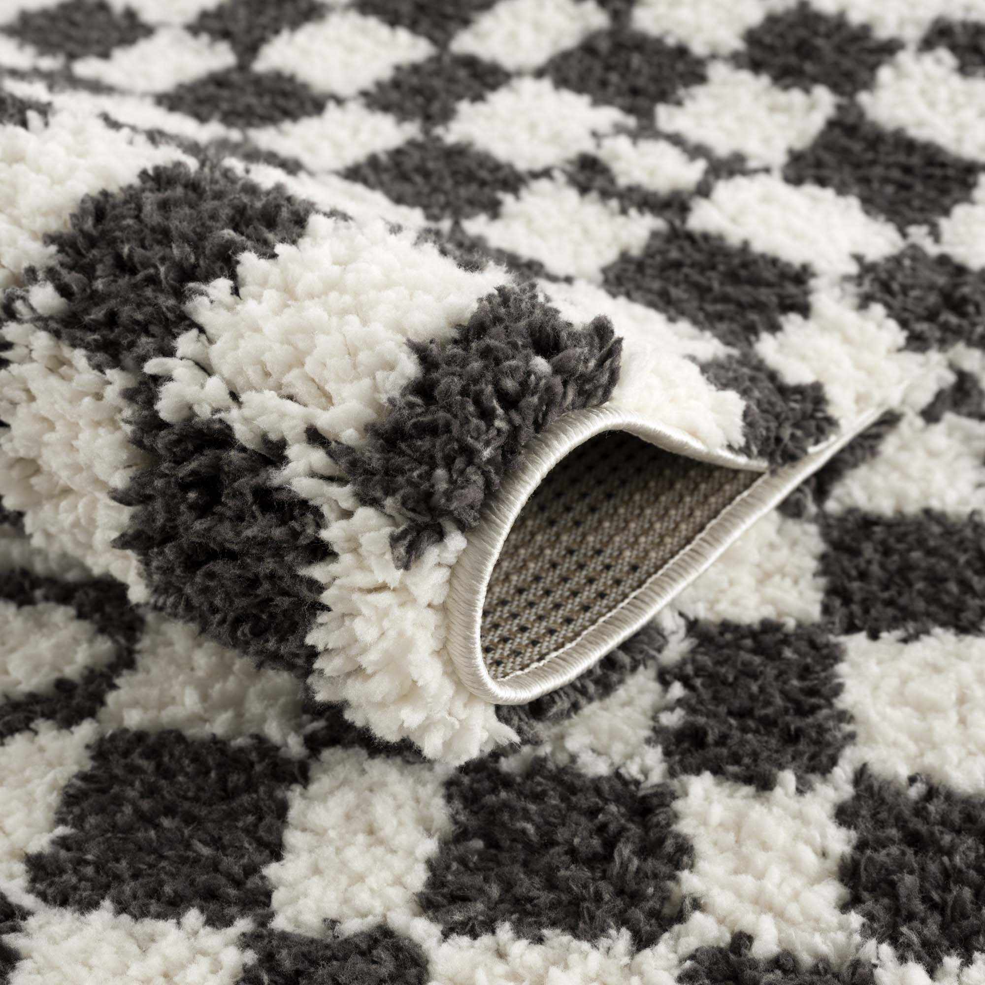 Modern Geometrical Charcoal and Ivory Checkered Plush Pile Moroccan Style Area Rug - Image 6