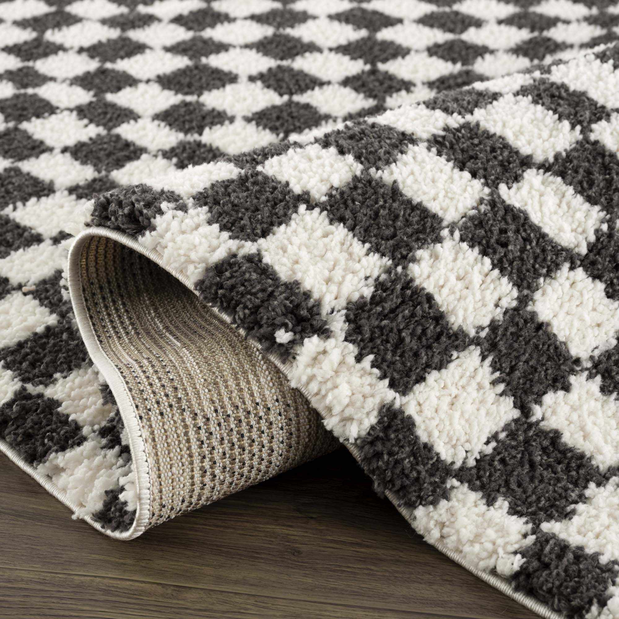 Modern Geometrical Charcoal and Ivory Checkered Plush Pile Moroccan Style Area Rug - Image 7
