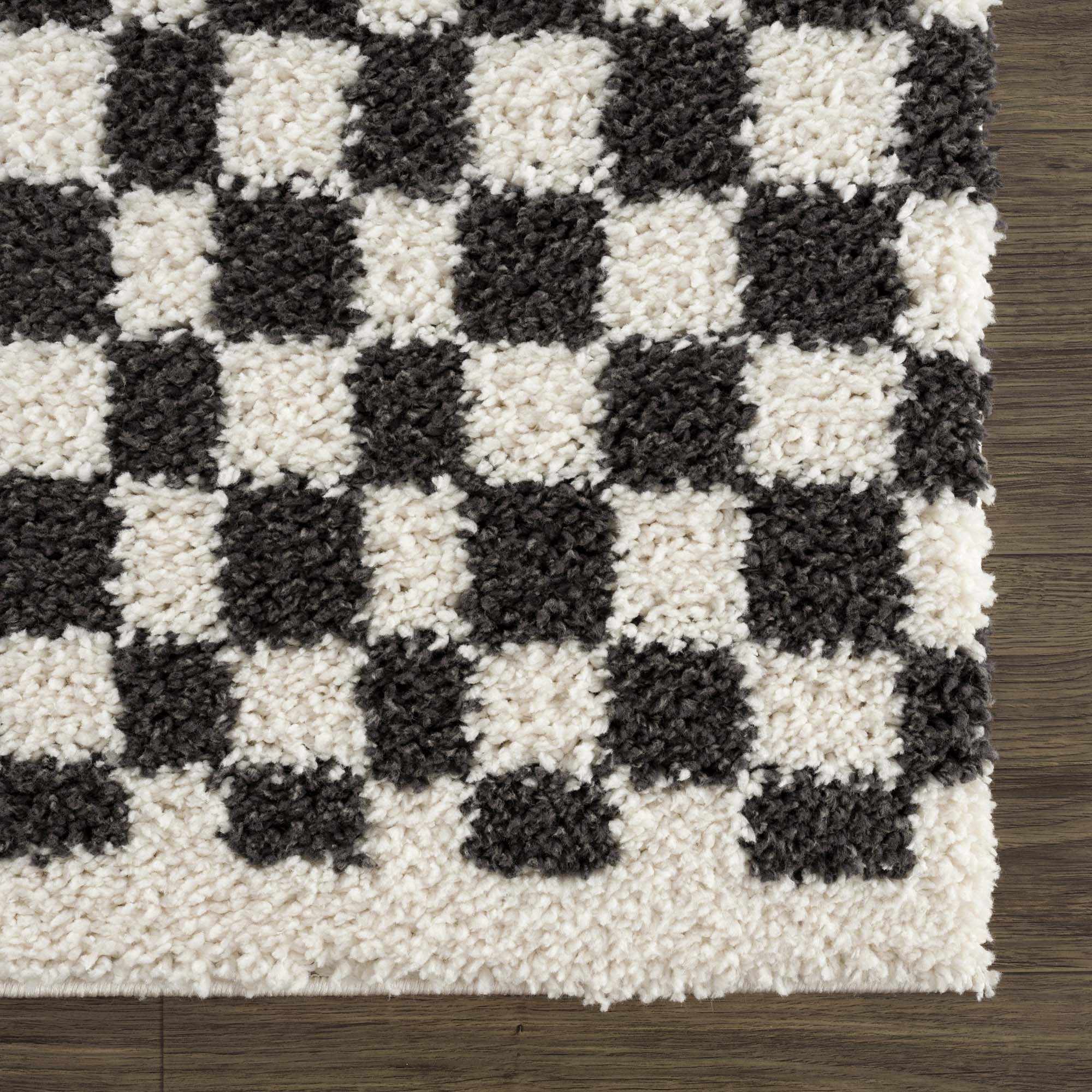 Modern Geometrical Charcoal and Ivory Checkered Plush Pile Moroccan Style Area Rug - Image 8