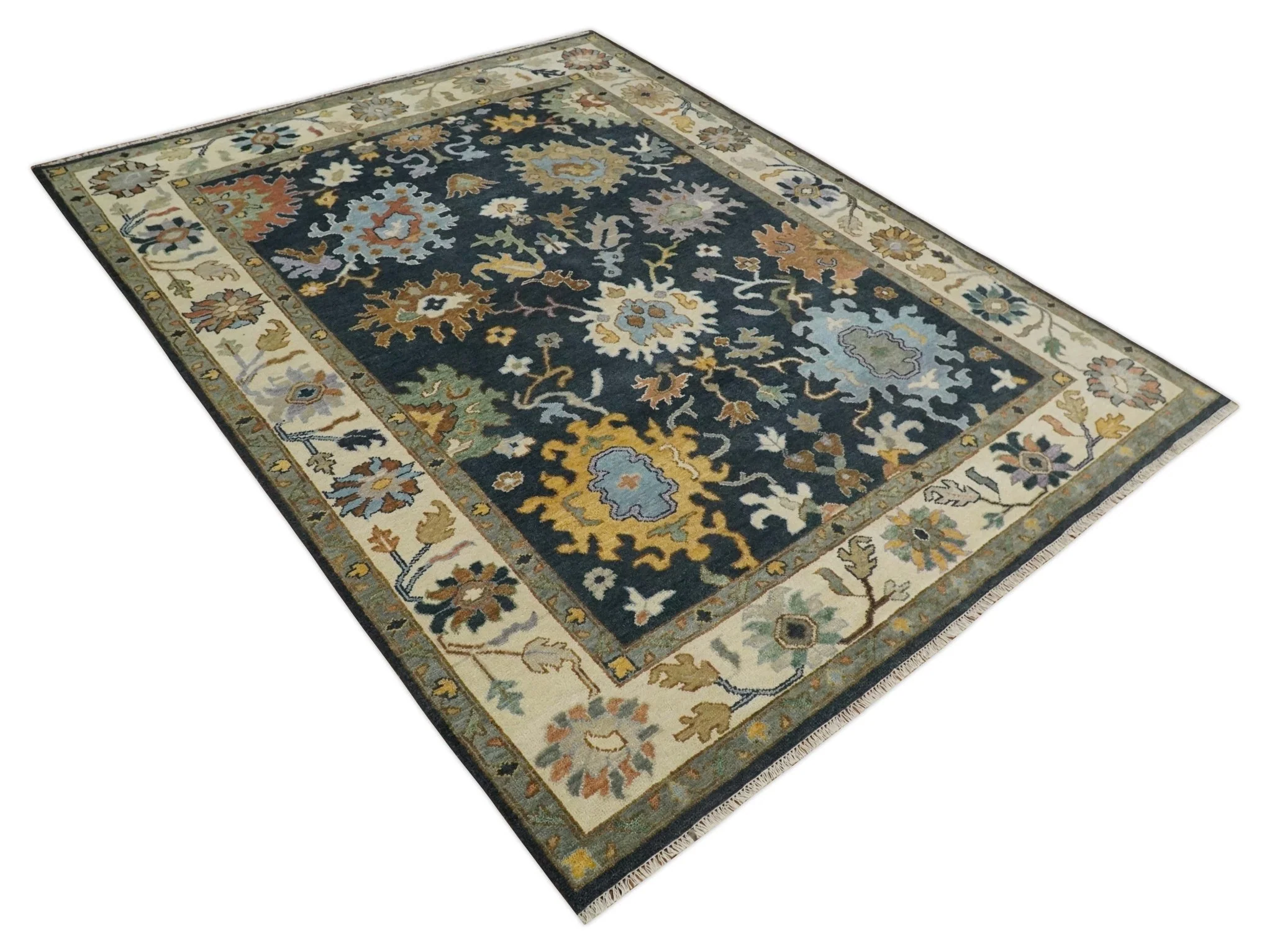 9x12 Hand Knotted Charcoal and Ivory Oushak Traditional Persian Vintage Wool Rug | TRDCP789912 - Image 11