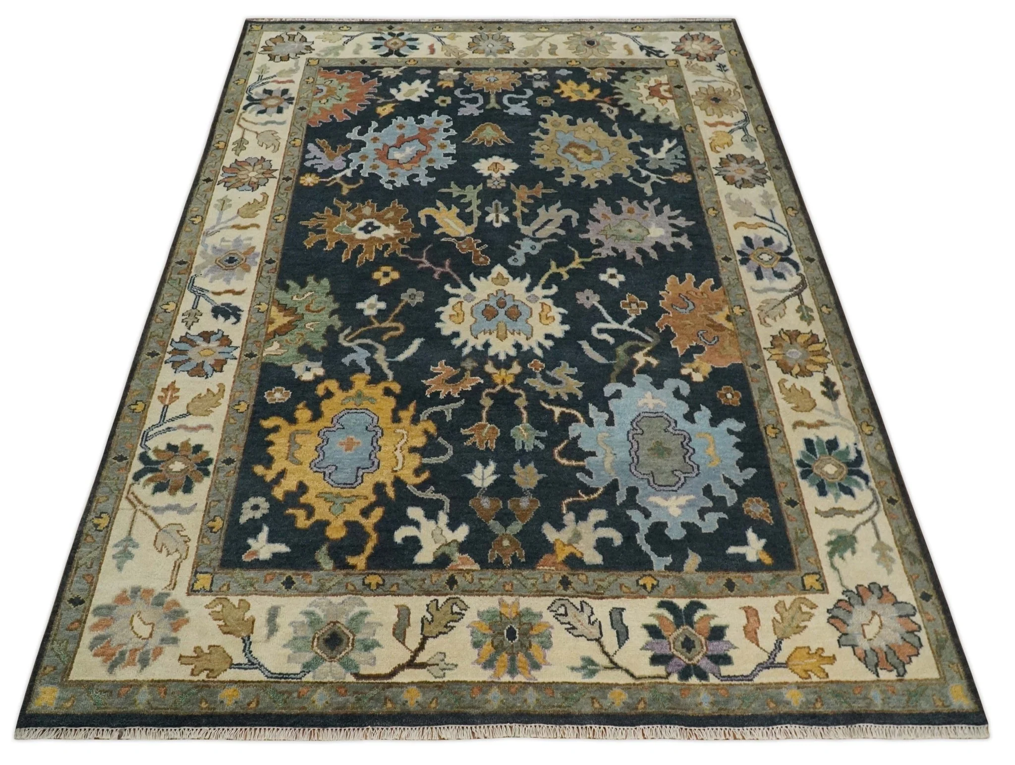 9x12 Hand Knotted Charcoal and Ivory Oushak Traditional Persian Vintage Wool Rug | TRDCP789912 - Image 12