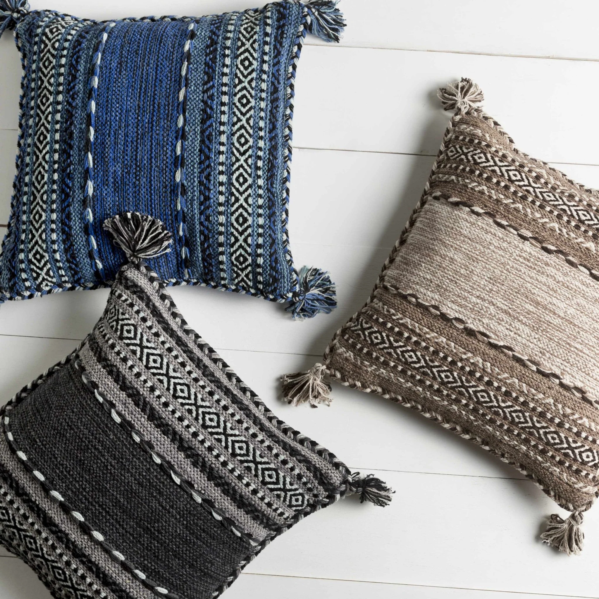 Hand Woven Charcoal and Ivory Tribal Tassel Design Square Throw Pillow - Image 2