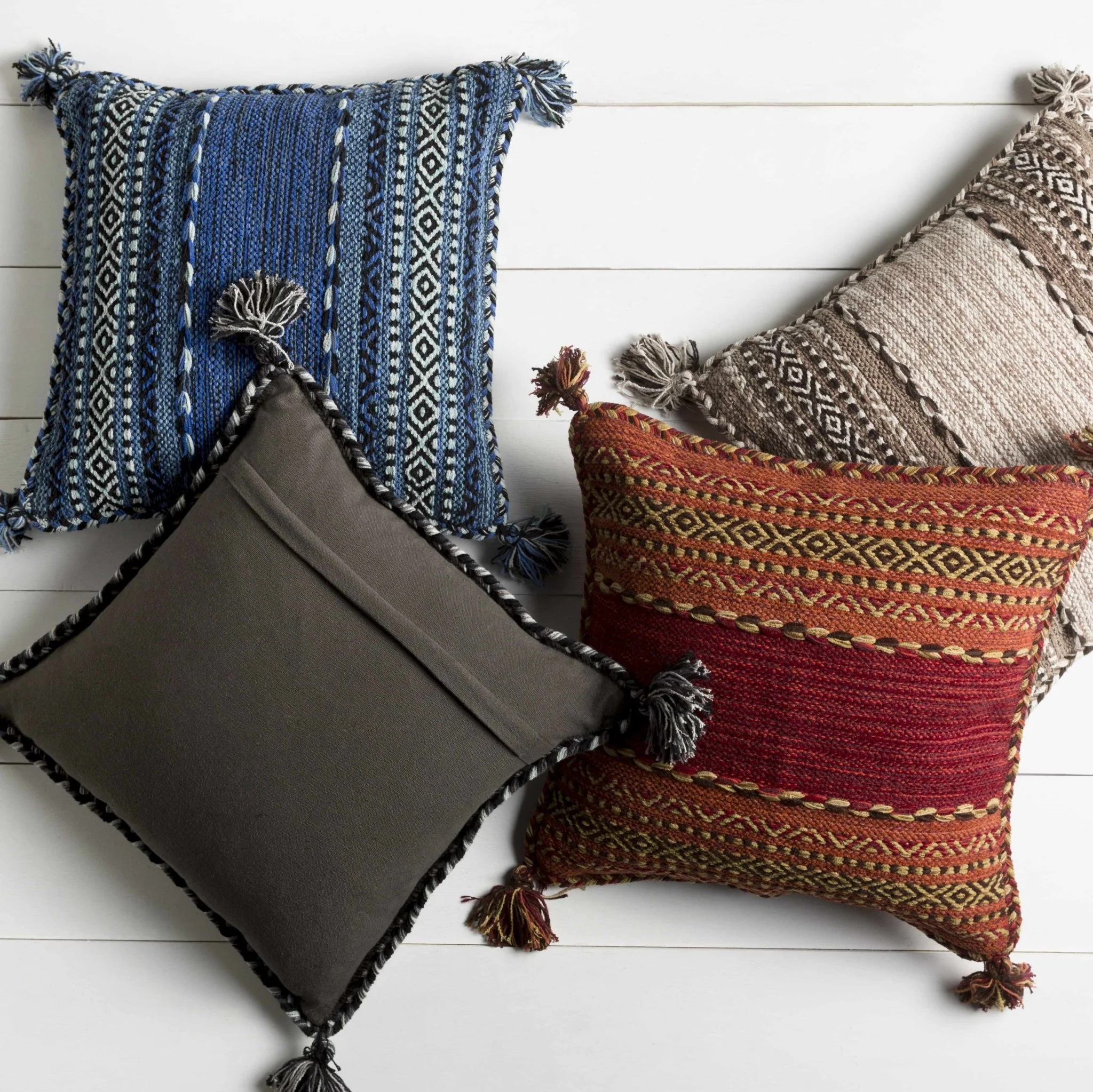 Hand Woven Charcoal and Ivory Tribal Tassel Design Square Throw Pillow - Image 3