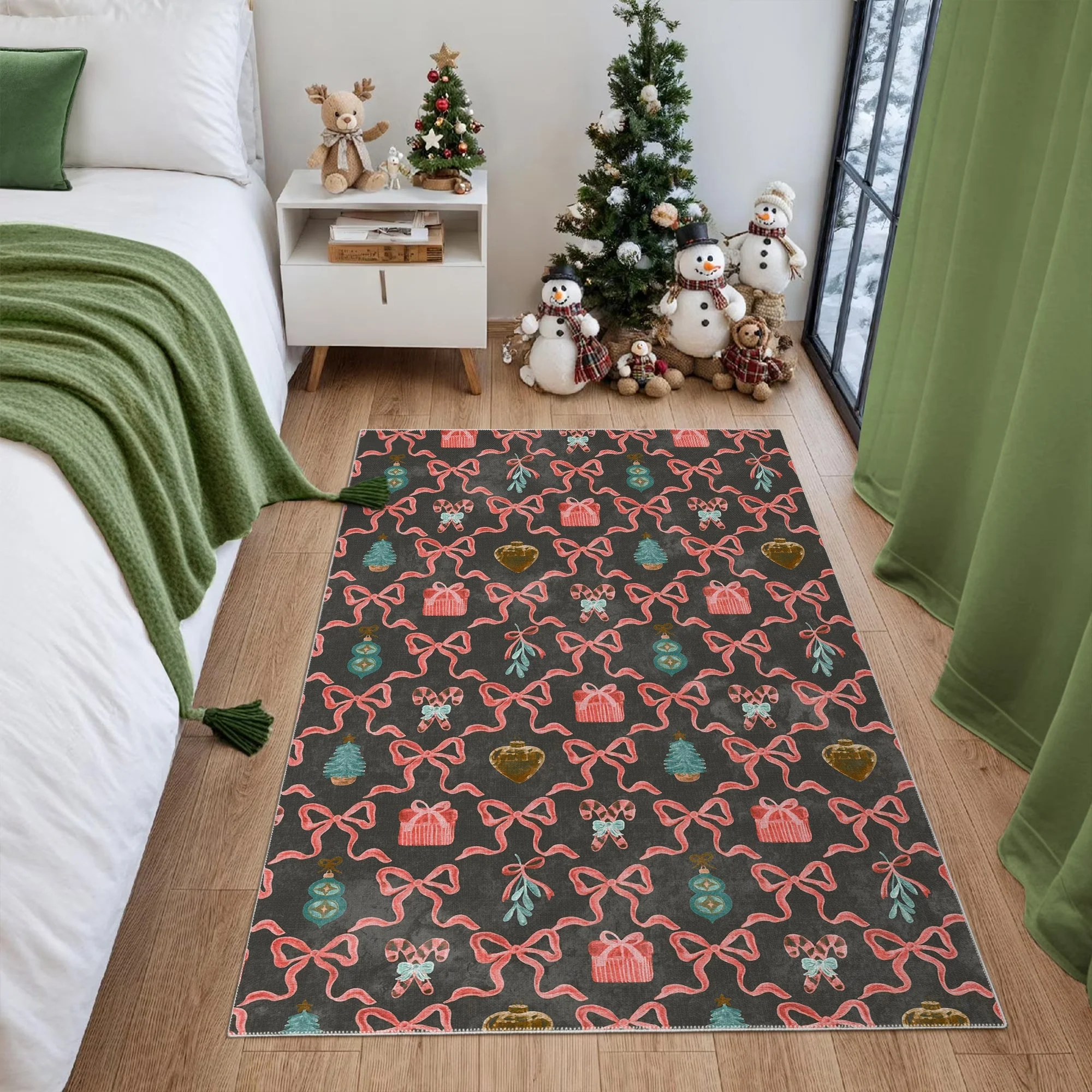 Charcoal And Pink Christmas Cotton Machine Washable Area Rug - Image 2