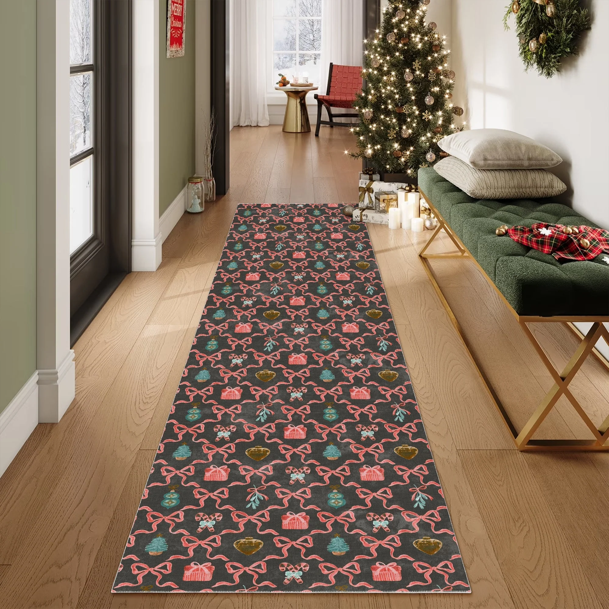 Charcoal And Pink Christmas Cotton Machine Washable Area Rug - Image 3