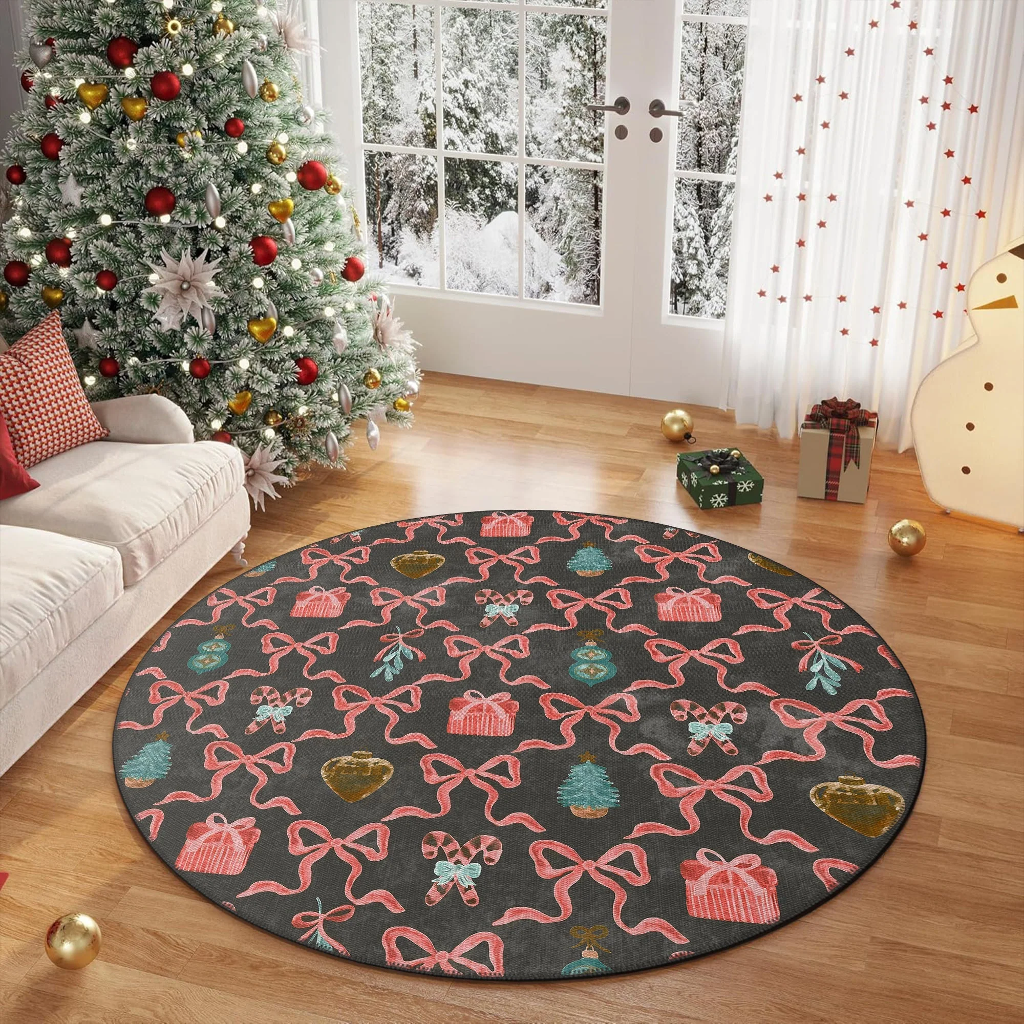 Charcoal And Pink Christmas Cotton Machine Washable Area Rug - Image 4