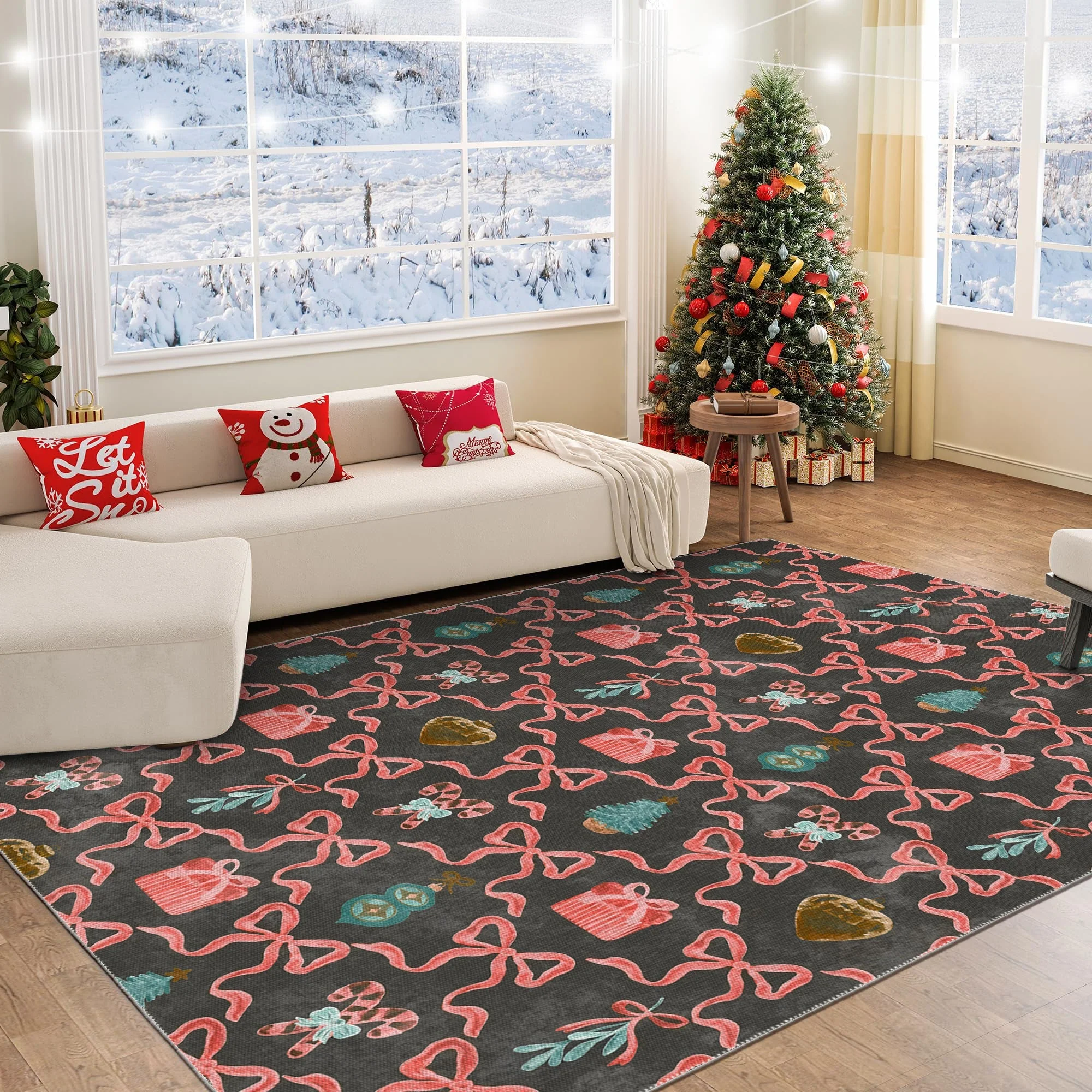 Charcoal And Pink Christmas Cotton Machine Washable Area Rug - Image 5