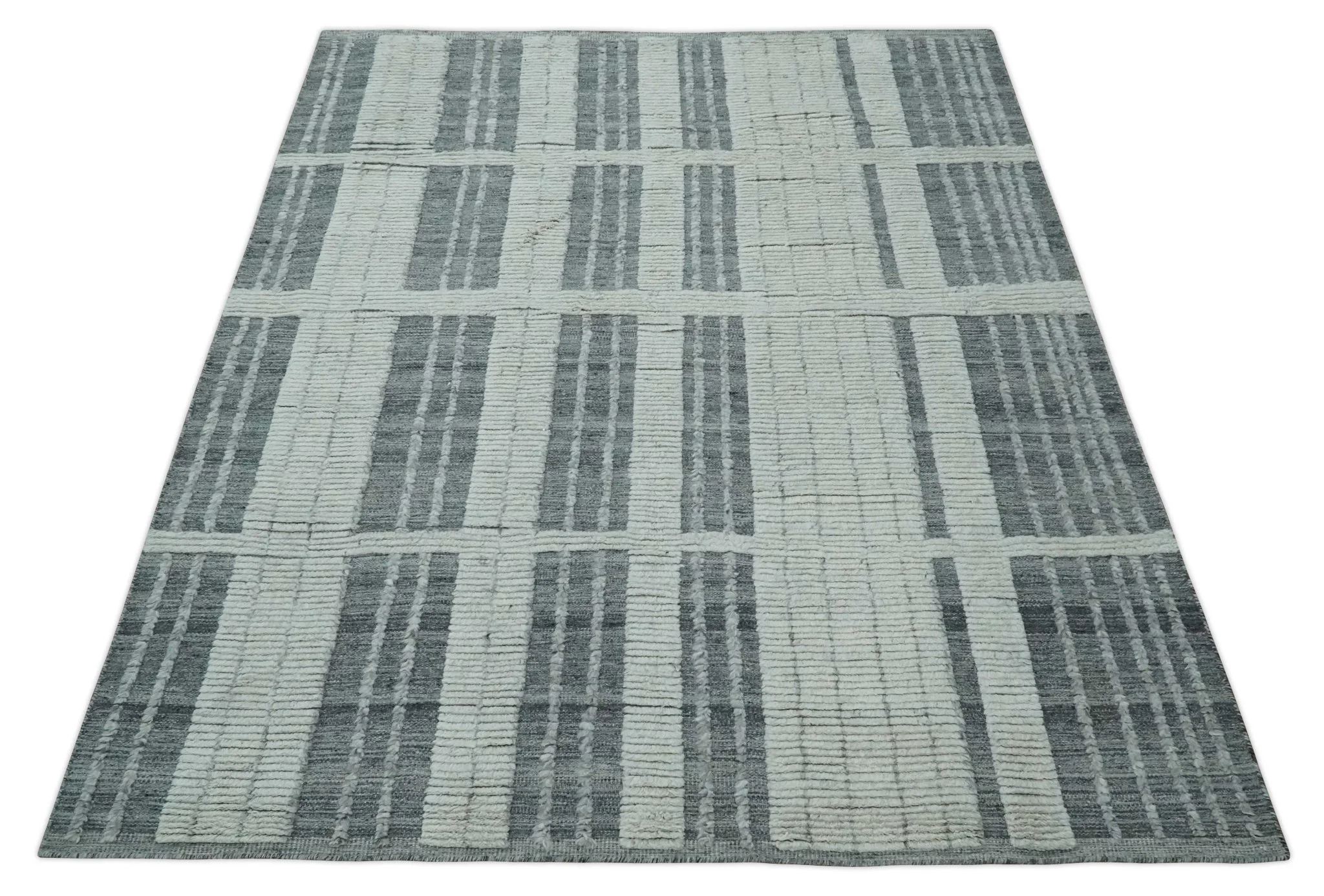 Charcoal and Silver Traditional Hand Knotted 8x10 Geometrical Pattern Wool Area Rug - Image 10