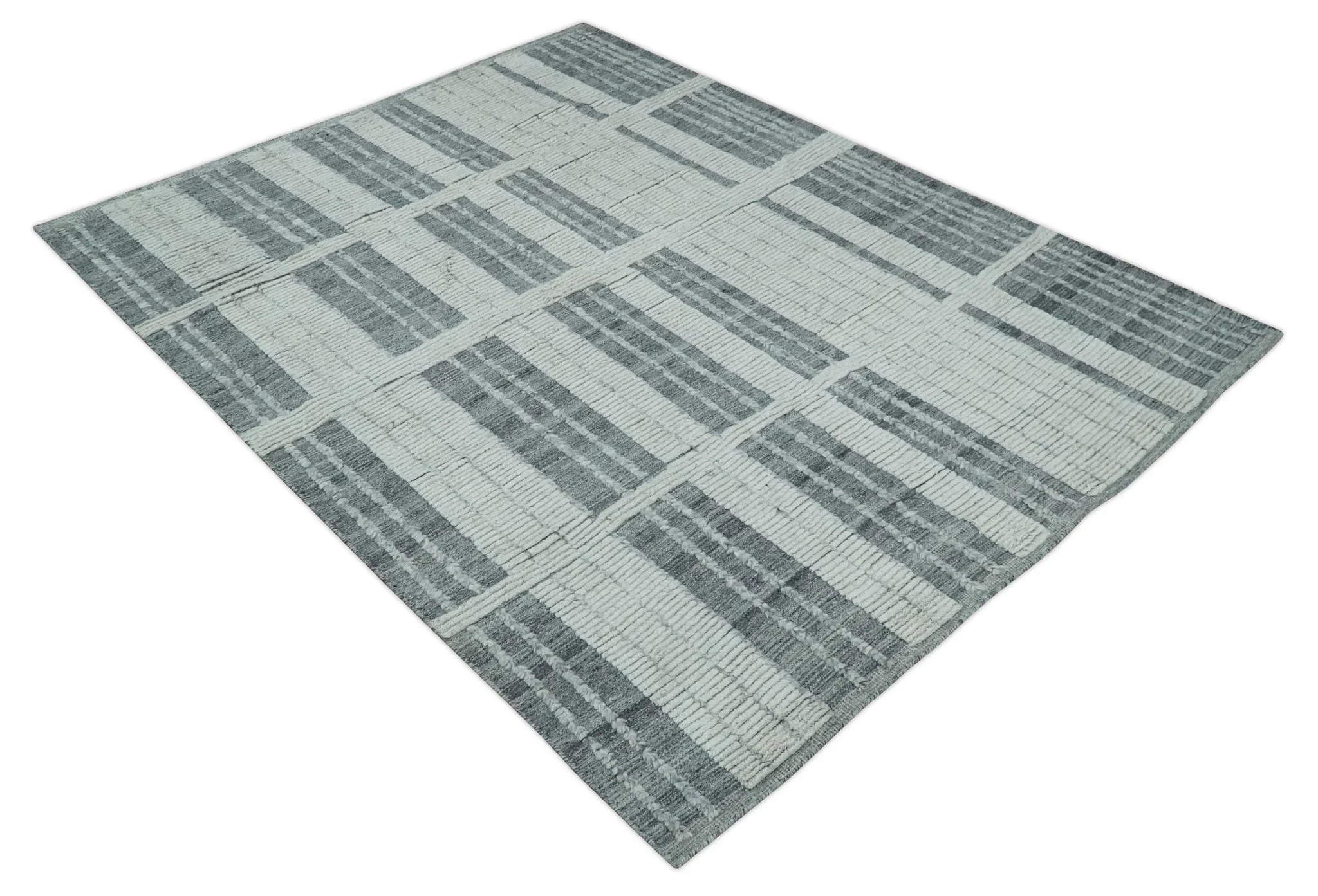 Charcoal and Silver Traditional Hand Knotted 8x10 Geometrical Pattern Wool Area Rug - Image 9