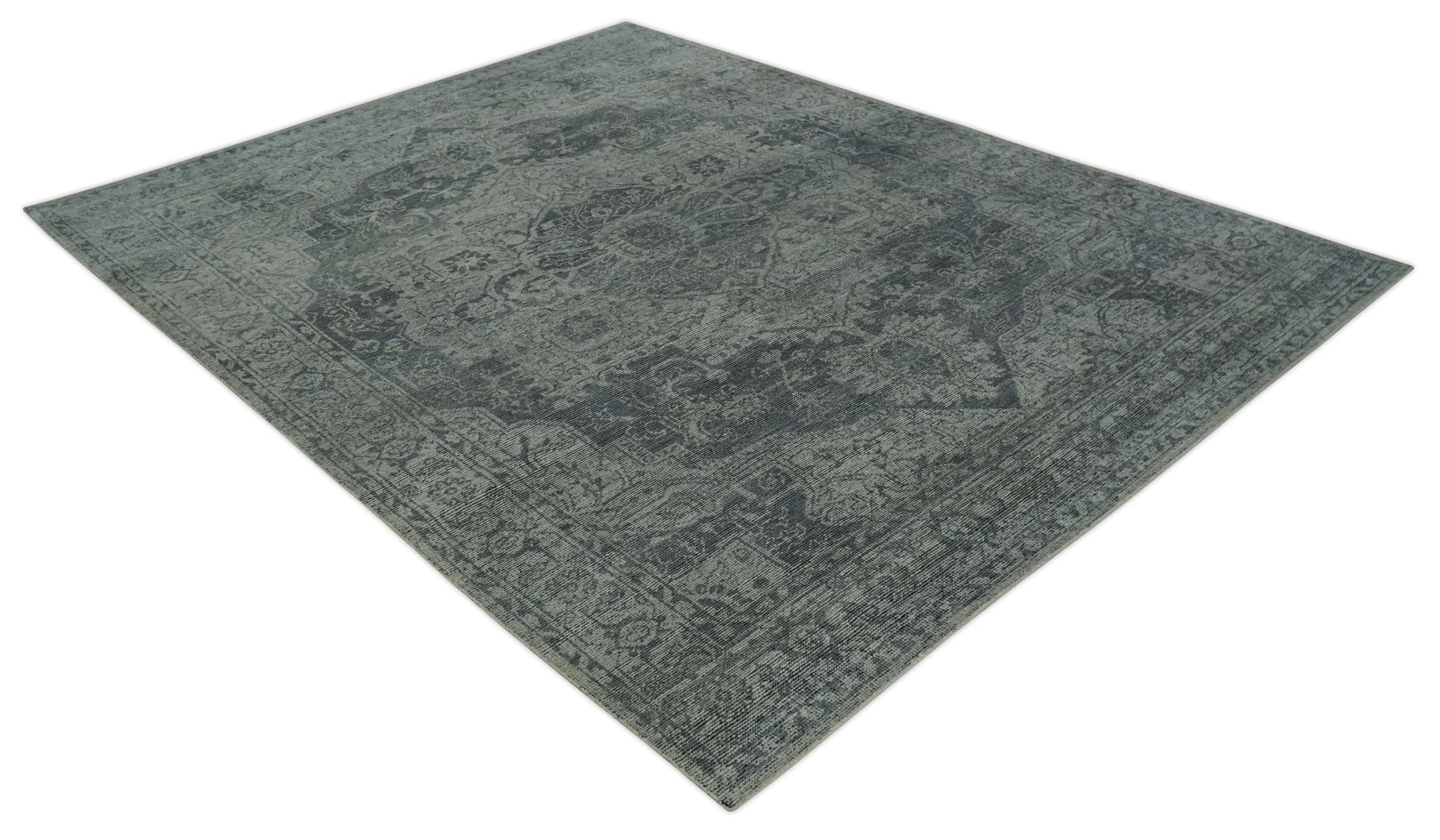 Antique Style Charcoal and Silver Traditional Heriz Medallion 8x10 wool Area Rug - Image 9