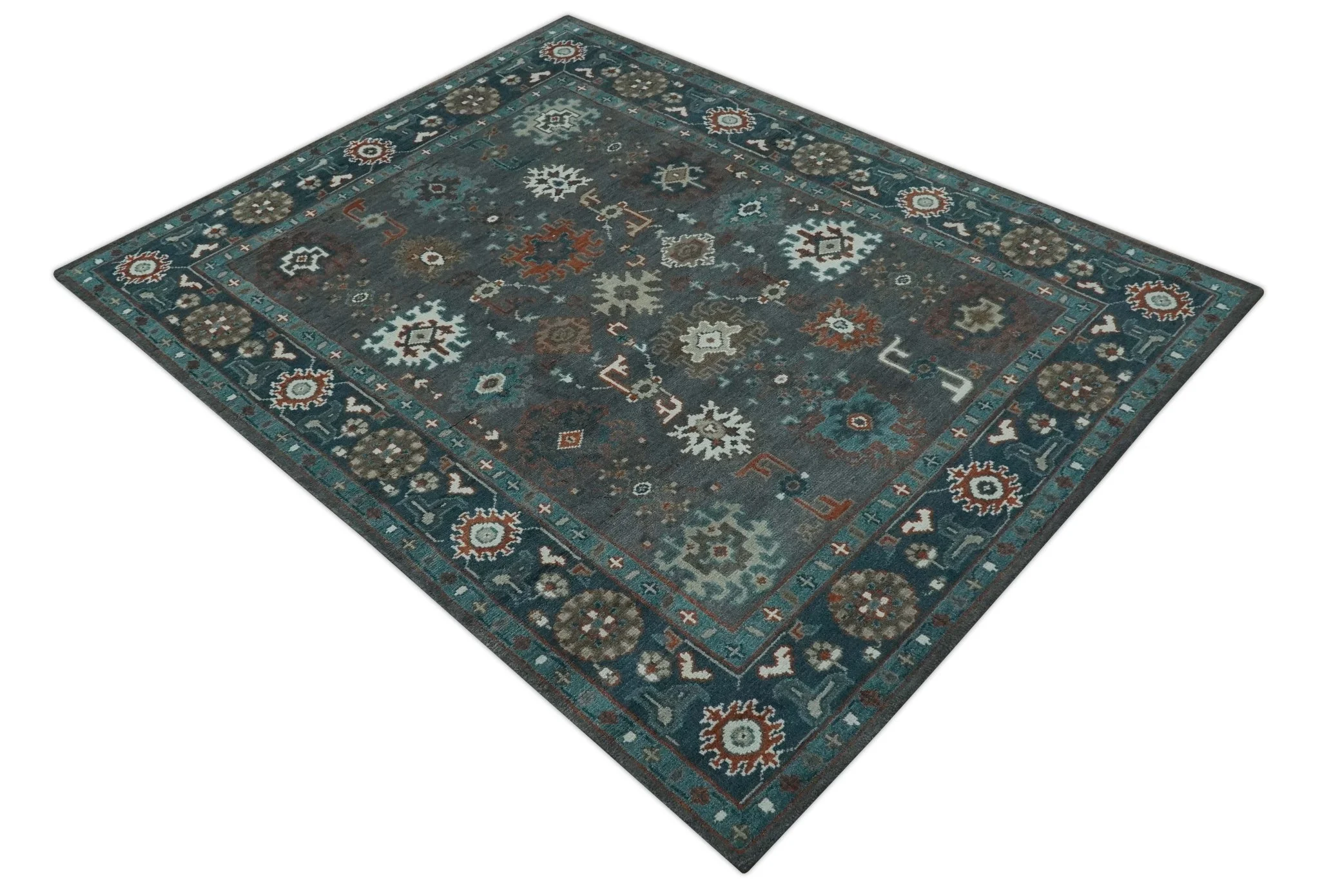 Custom Made Charcoal and Teal Hand knotted Traditional Oushak wool area rug - Image 10