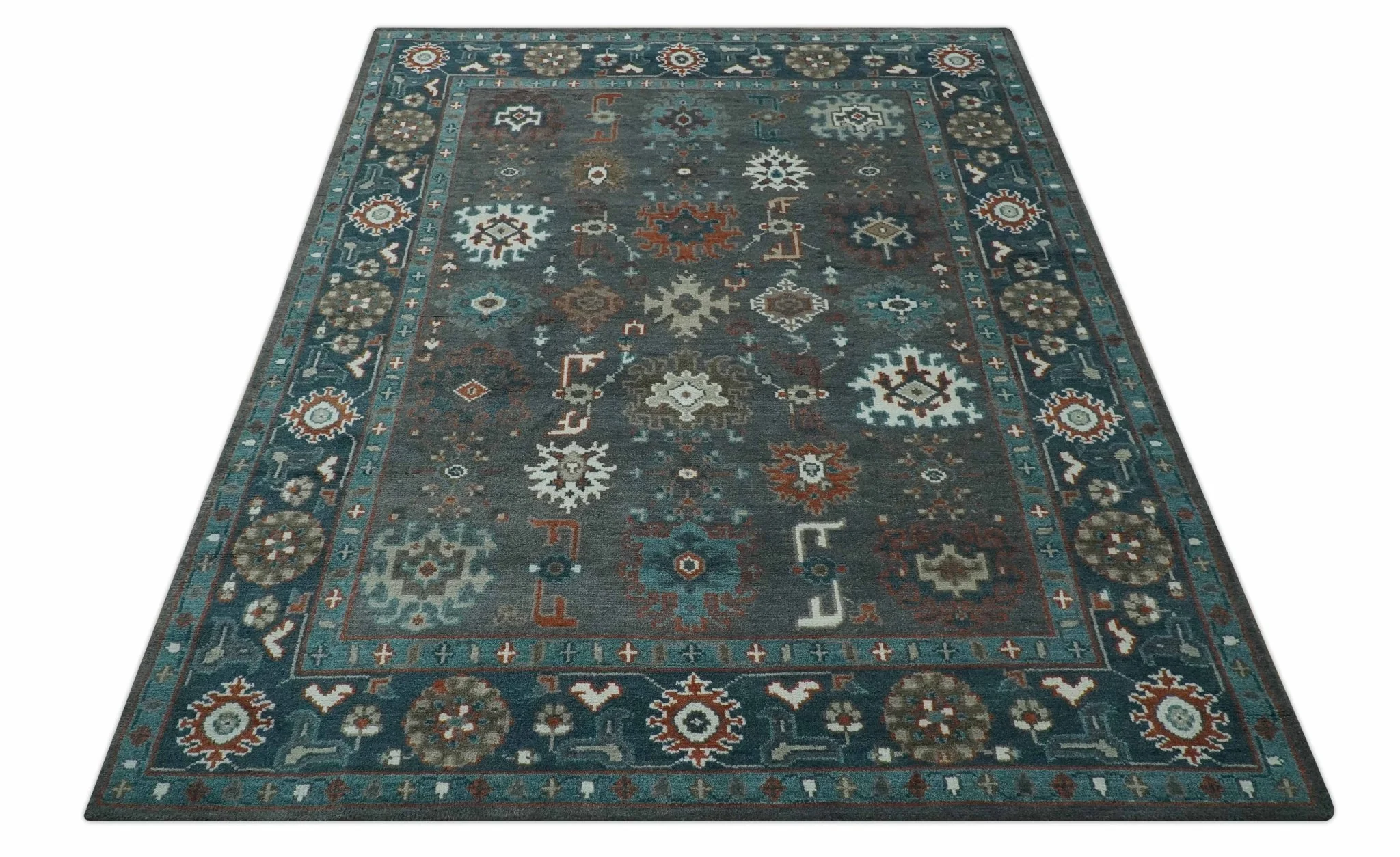 Custom Made Charcoal and Teal Hand knotted Traditional Oushak wool area rug - Image 11