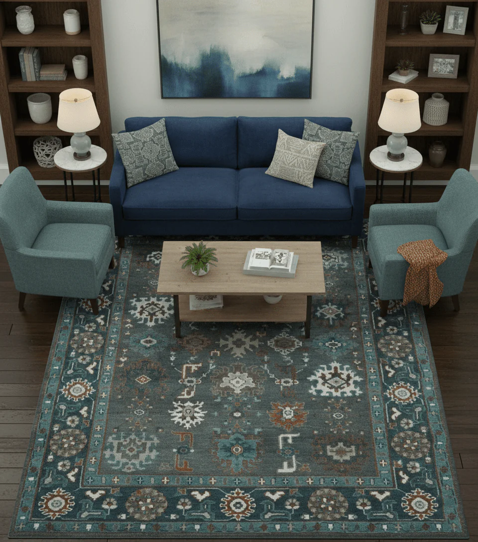 Custom Made Charcoal and Teal Hand knotted Traditional Oushak wool area rug - Image 2