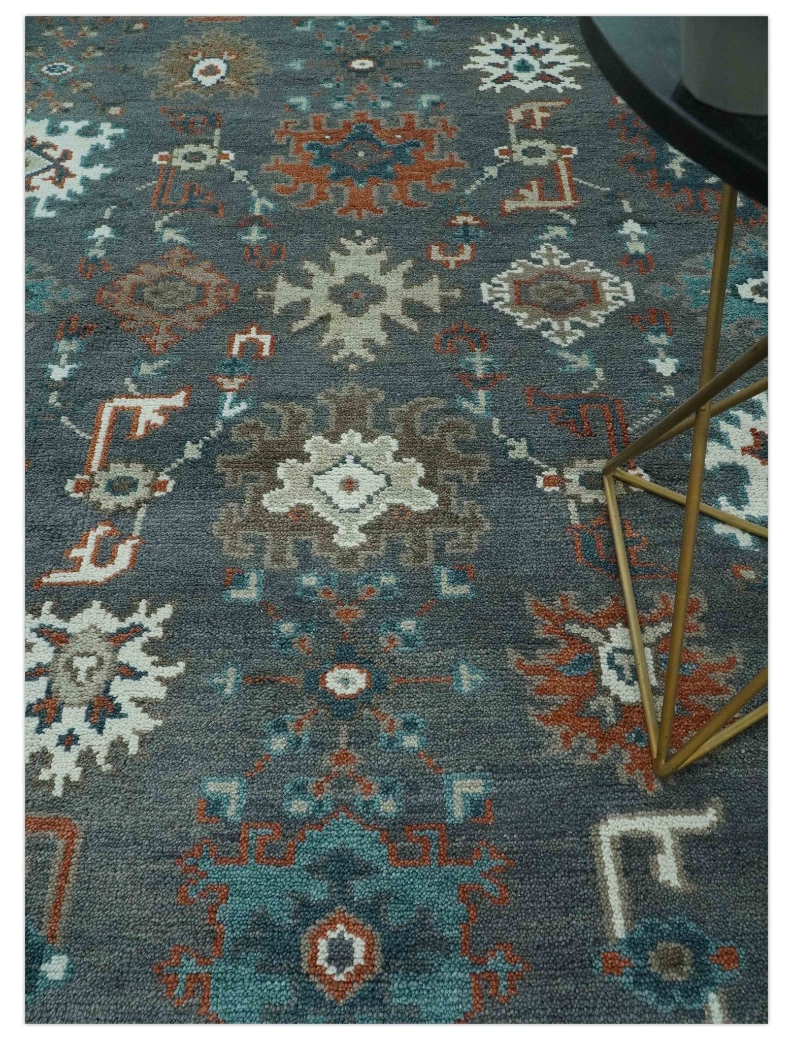 Custom Made Charcoal and Teal Hand knotted Traditional Oushak wool area rug - Image 3