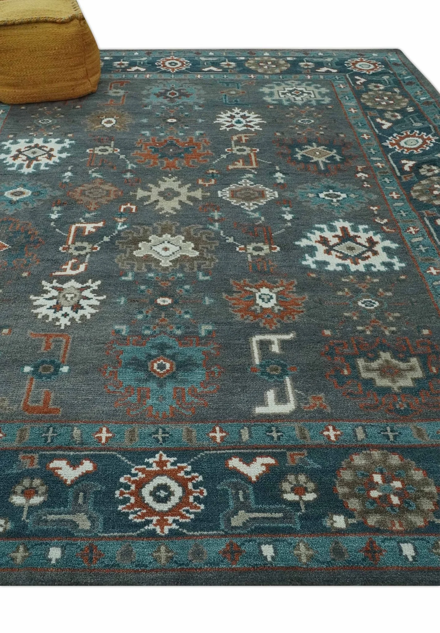 Custom Made Charcoal and Teal Hand knotted Traditional Oushak wool area rug - Image 4