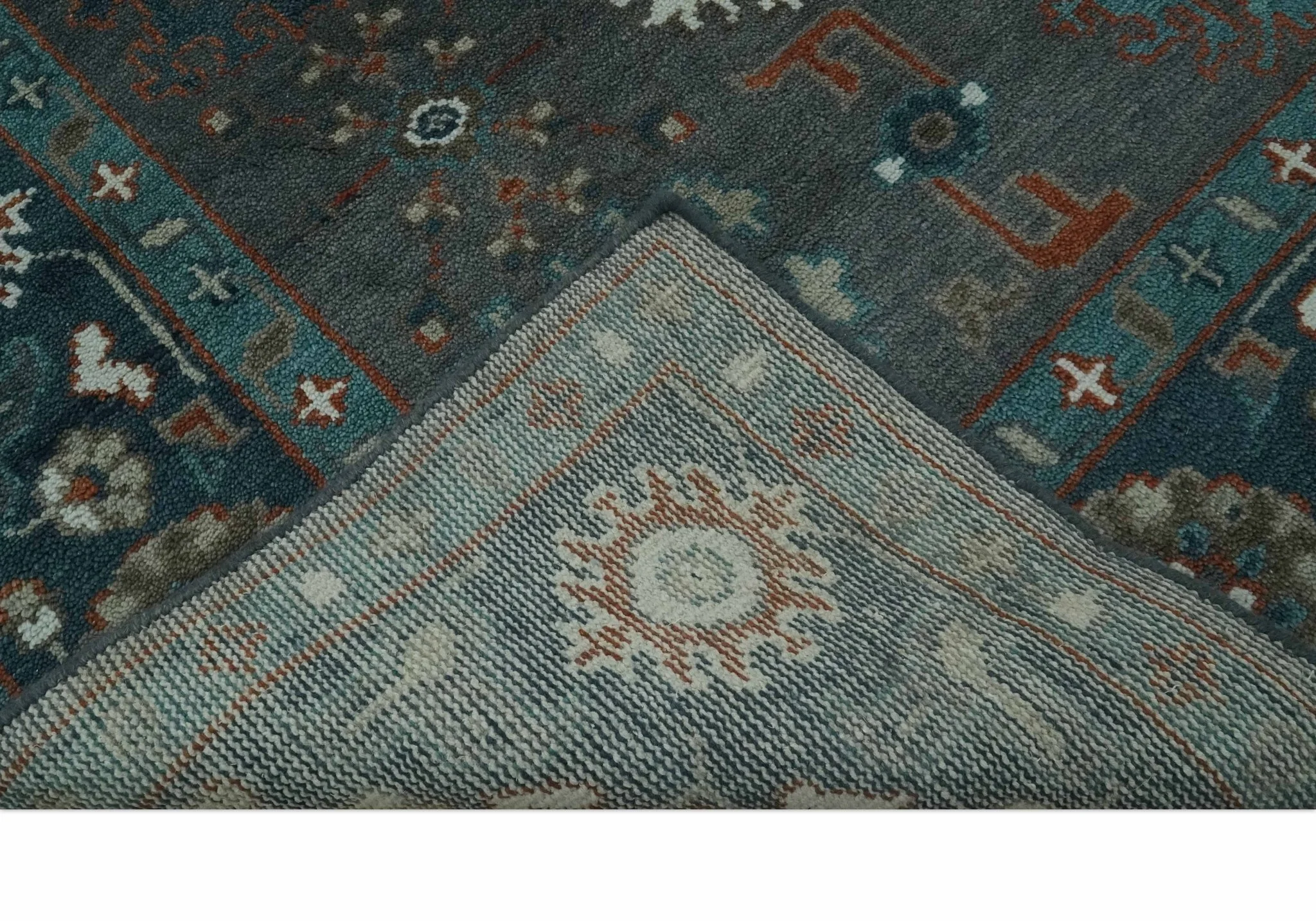 Custom Made Charcoal and Teal Hand knotted Traditional Oushak wool area rug - Image 7