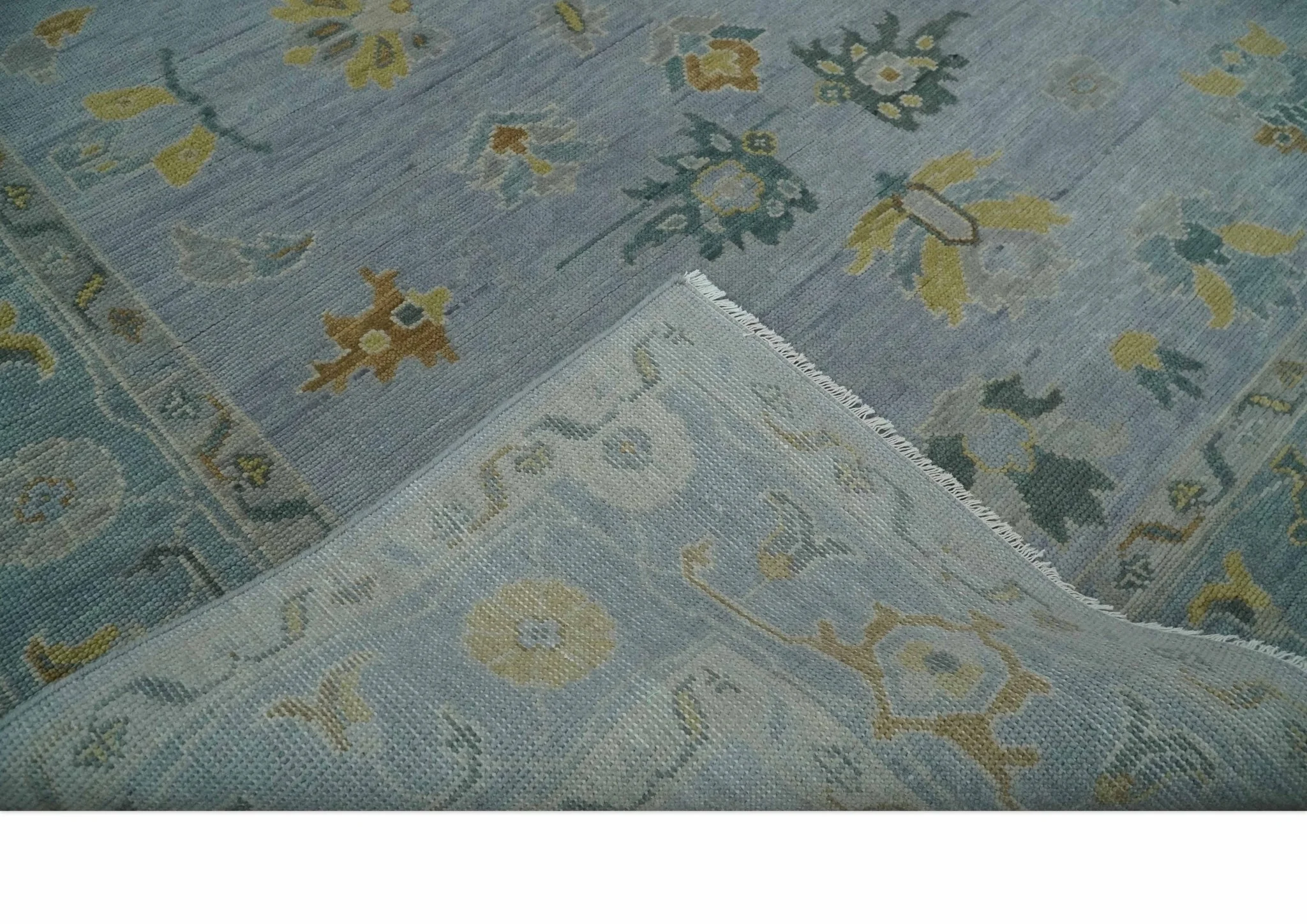 Multi Size Charcoal, Aqua and Silver Hand Knotted Oushak Wool Area Rug - Image 7