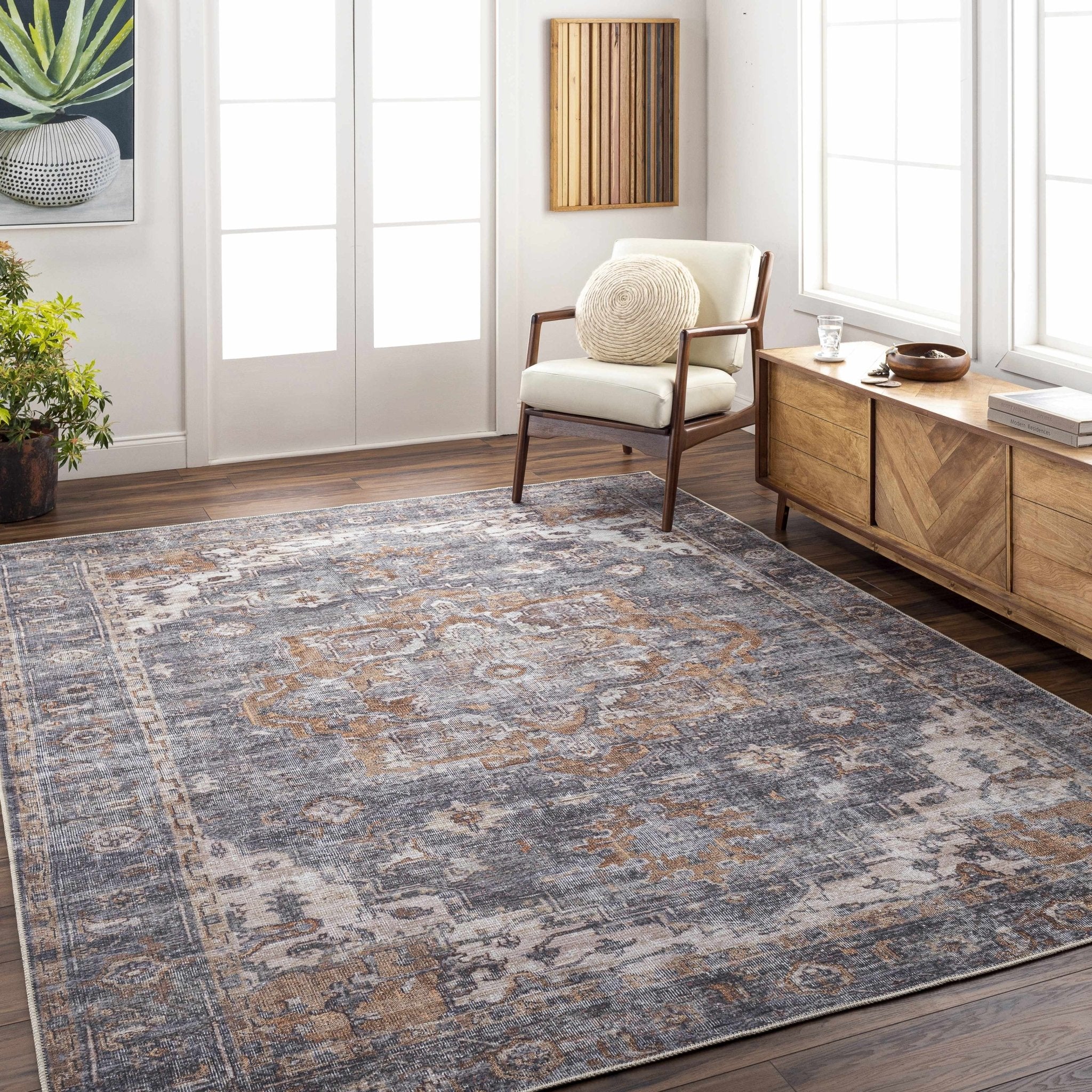 Charcoal, Beige and Brown Antique look Traditional Washable Area Rug - Image 12