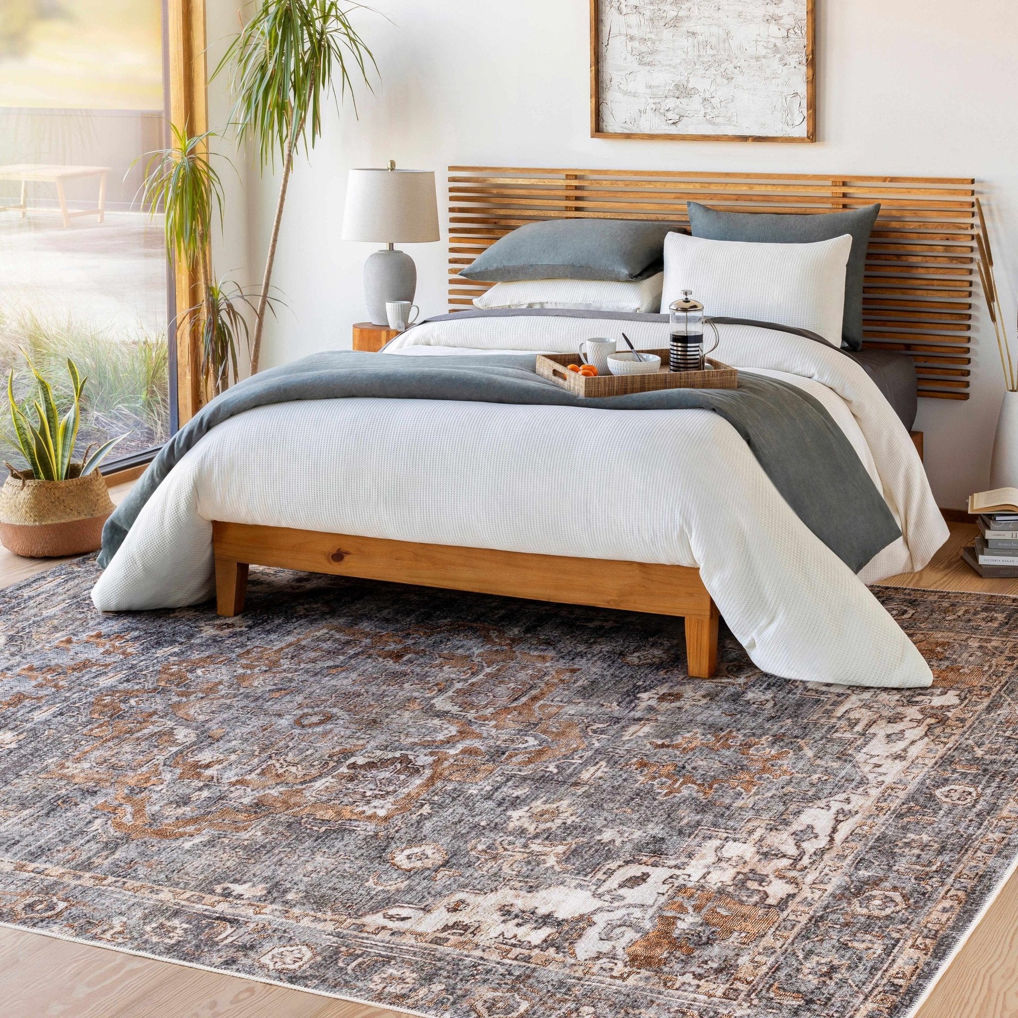 Charcoal, Beige and Brown Antique look Traditional Washable Area Rug - Image 2