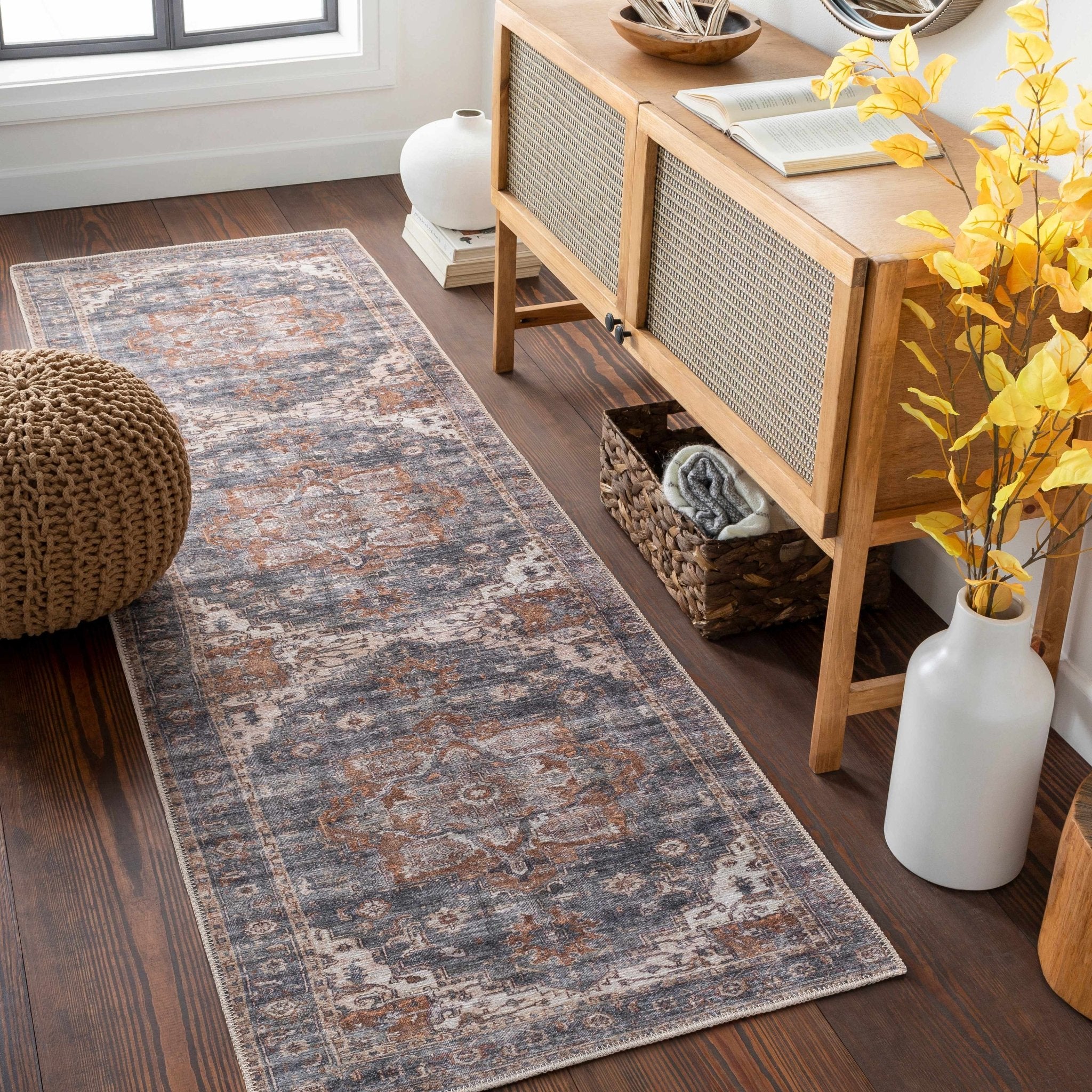Charcoal, Beige and Brown Antique look Traditional Washable Area Rug - Image 4