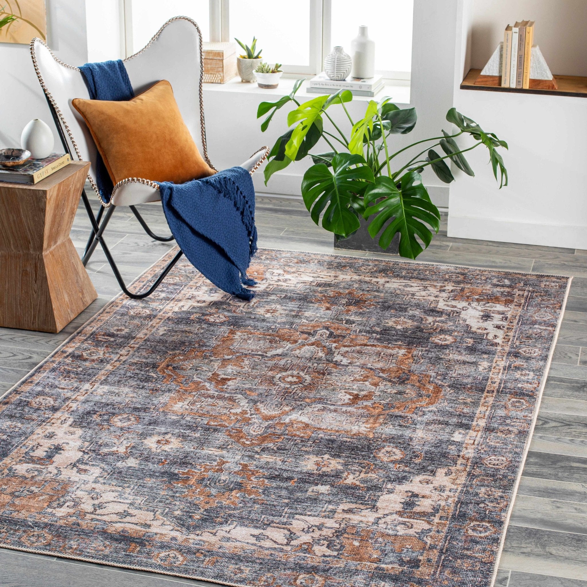 Charcoal, Beige and Brown Antique look Traditional Washable Area Rug - Image 5