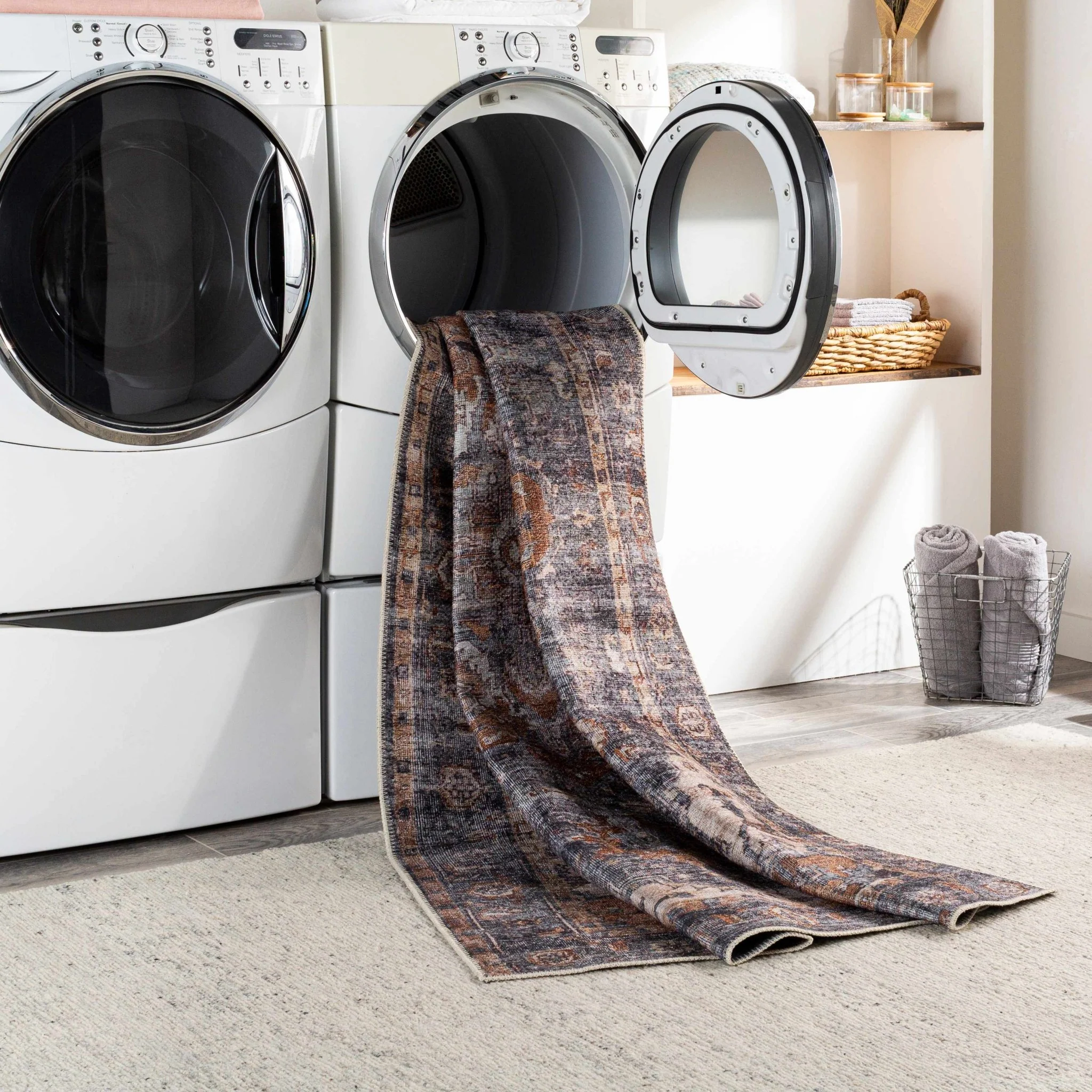 Charcoal, Beige and Brown Antique look Traditional Washable Area Rug - Image 6