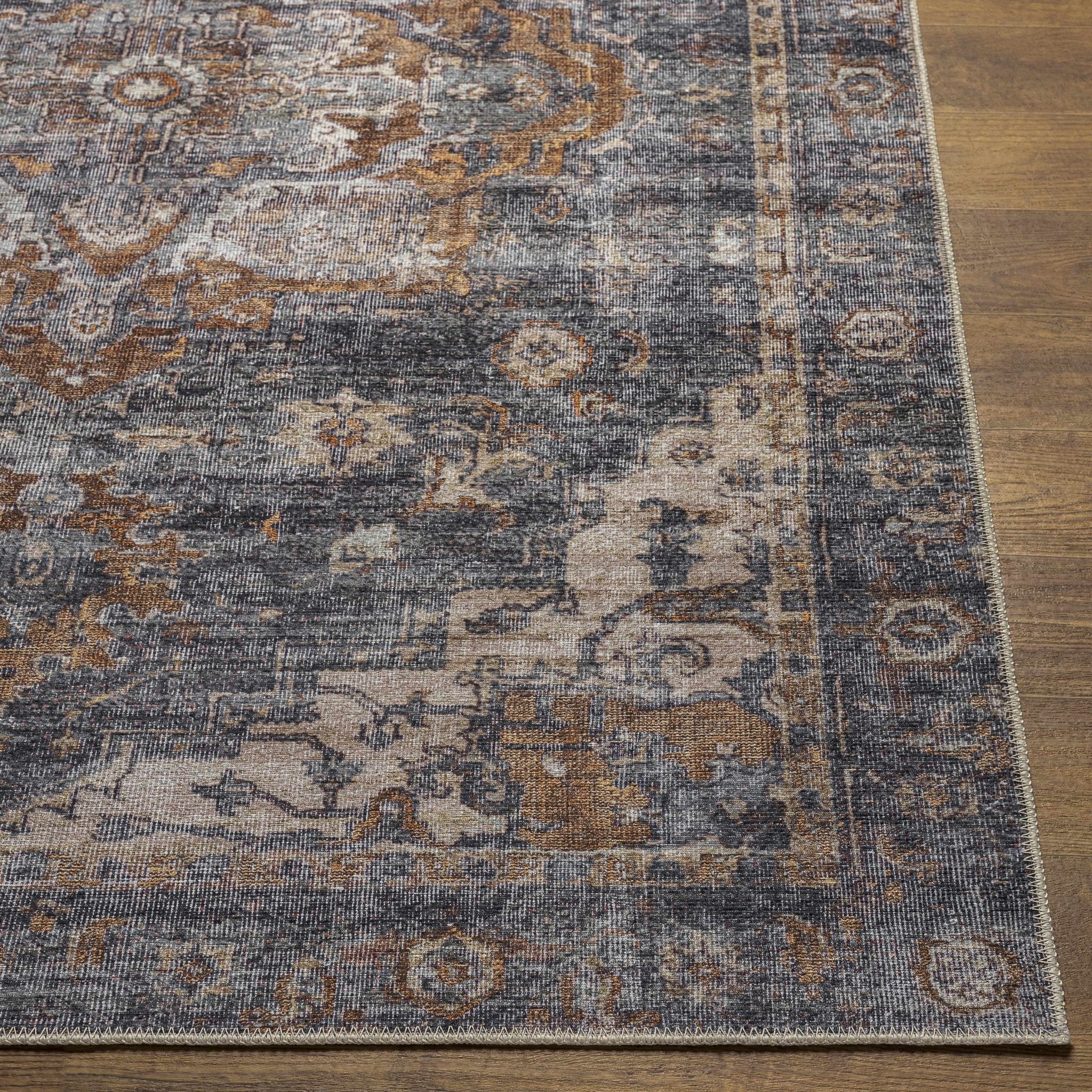 Charcoal, Beige and Brown Antique look Traditional Washable Area Rug - Image 7