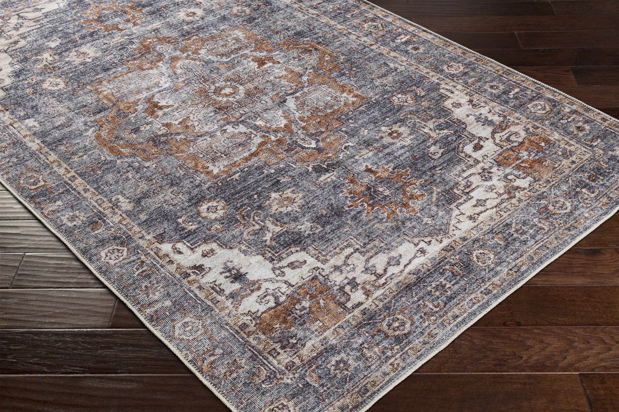 Charcoal, Beige and Brown Antique look Traditional Washable Area Rug - Image 8