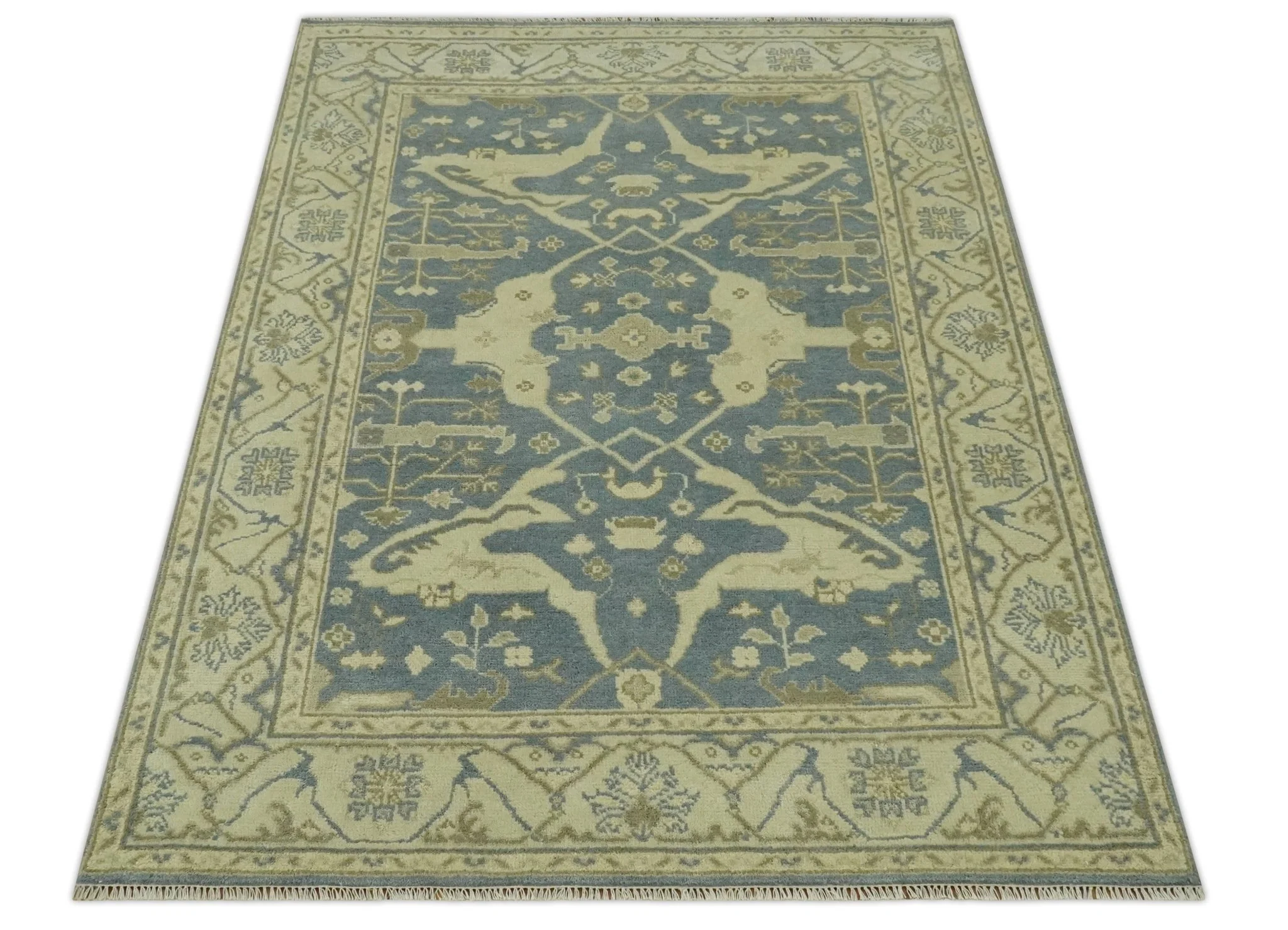 Charcoal, Beige and Olive 6x9 Hand Knotted Traditional Oriental Oushak wool rug - Image 10