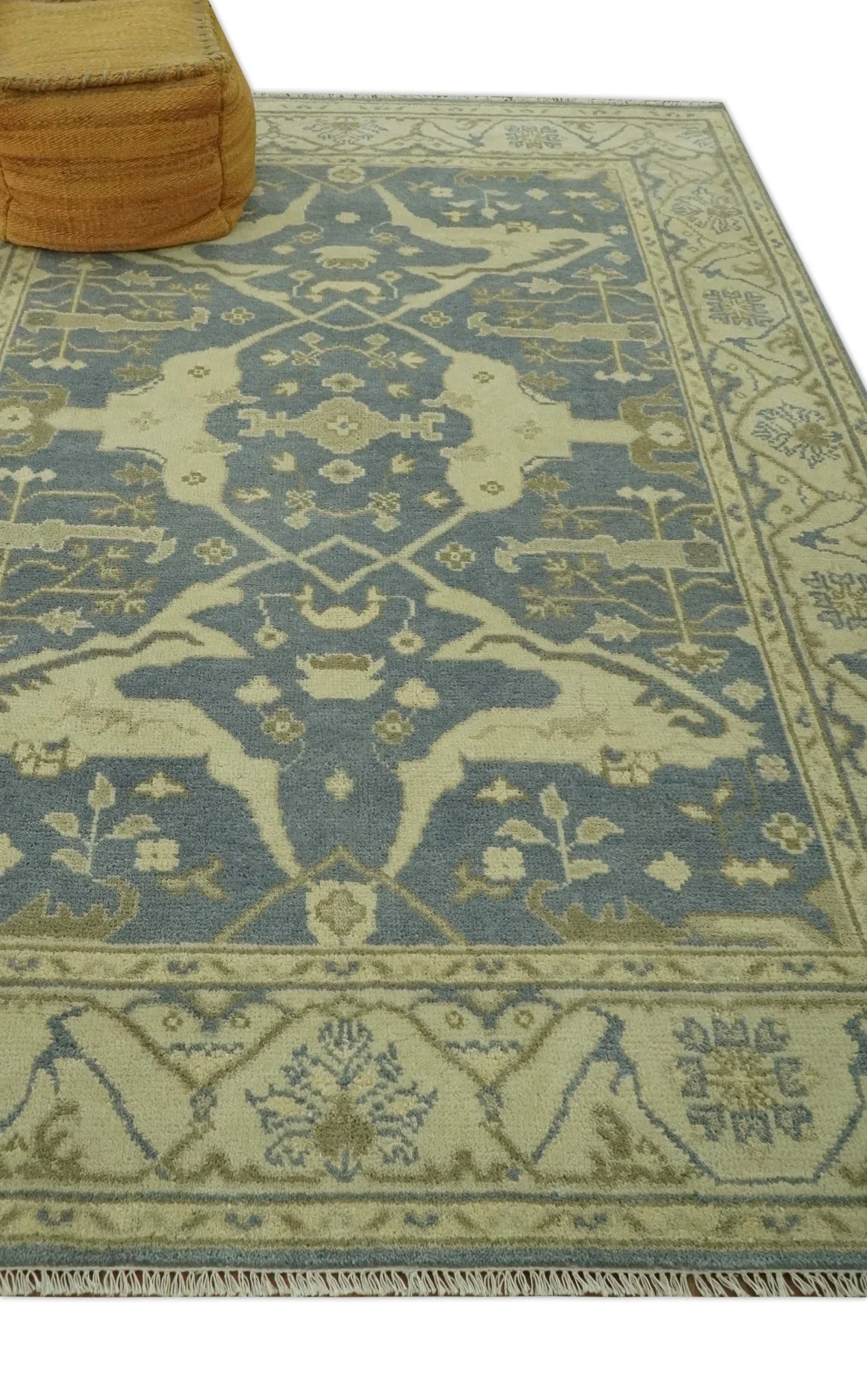 Charcoal, Beige and Olive 6x9 Hand Knotted Traditional Oriental Oushak wool rug - Image 3