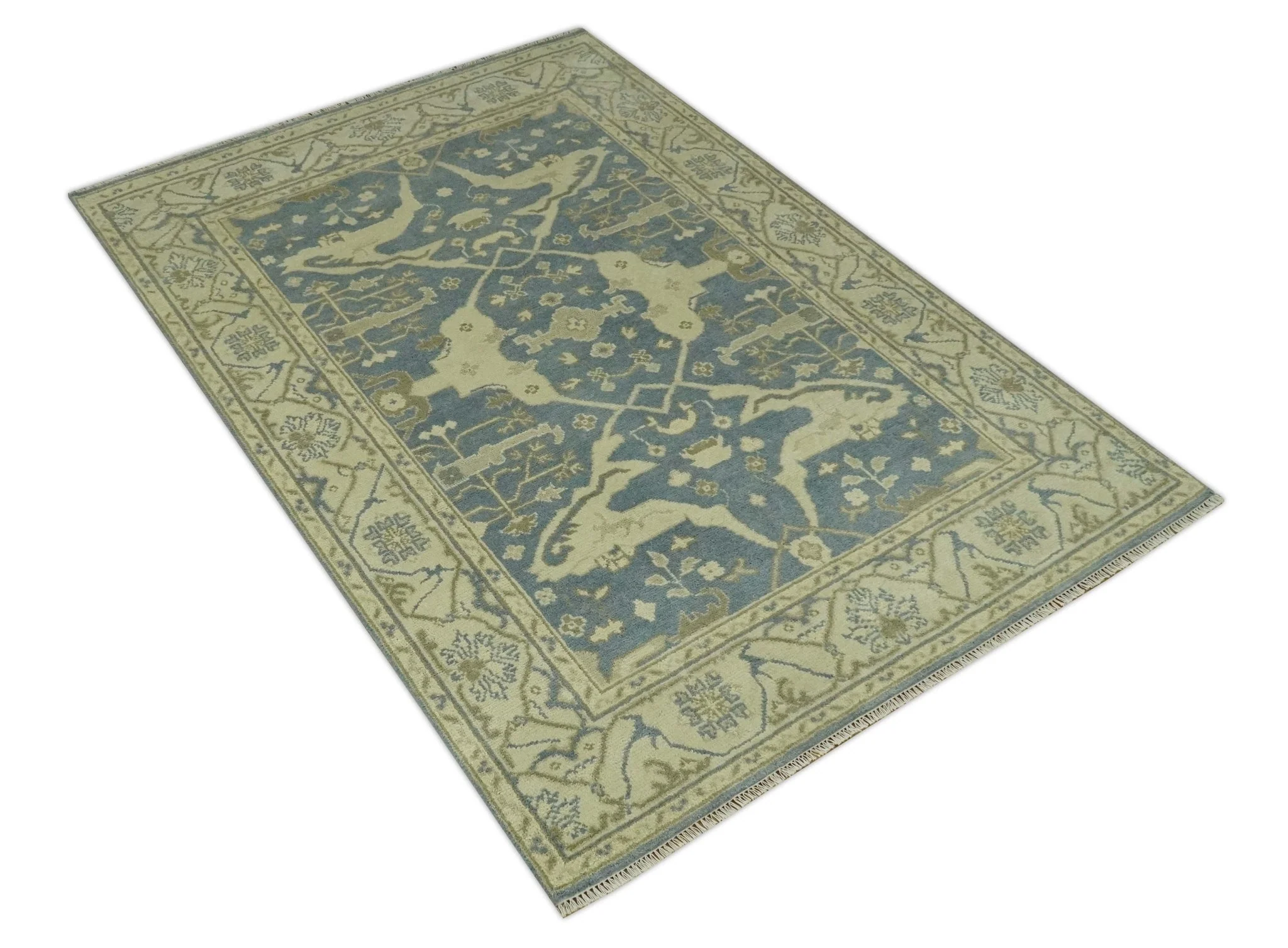 Charcoal, Beige and Olive 6x9 Hand Knotted Traditional Oriental Oushak wool rug - Image 9
