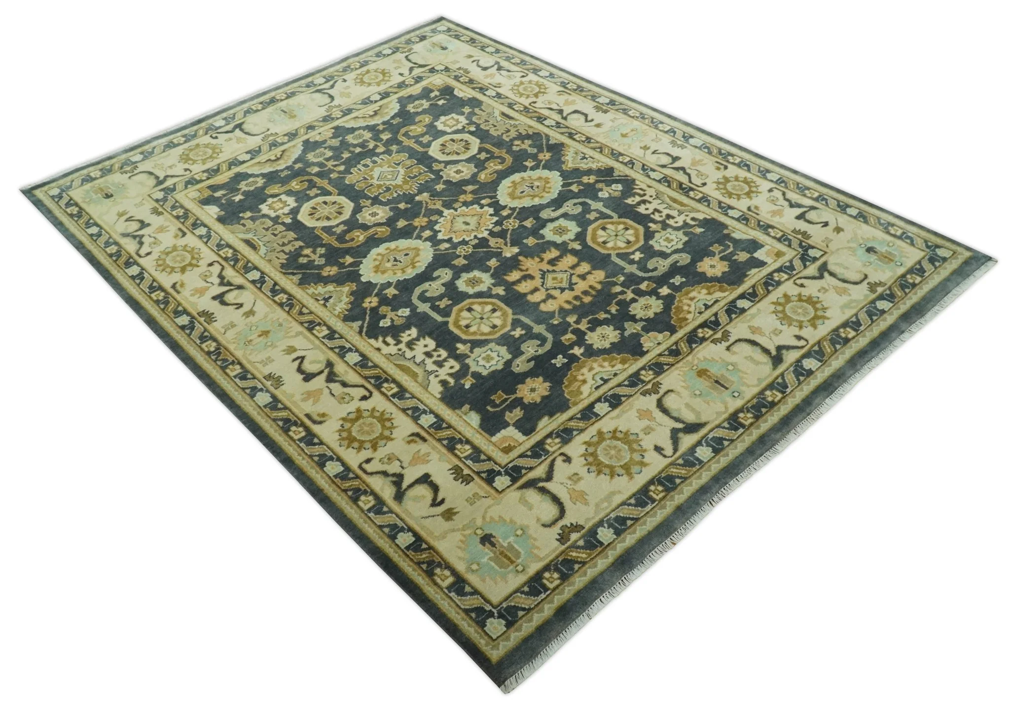 Charcoal, Beige and Olive Hand Knotted 8x10 Turkish Style Oushak Wool Area Rug - Image 11