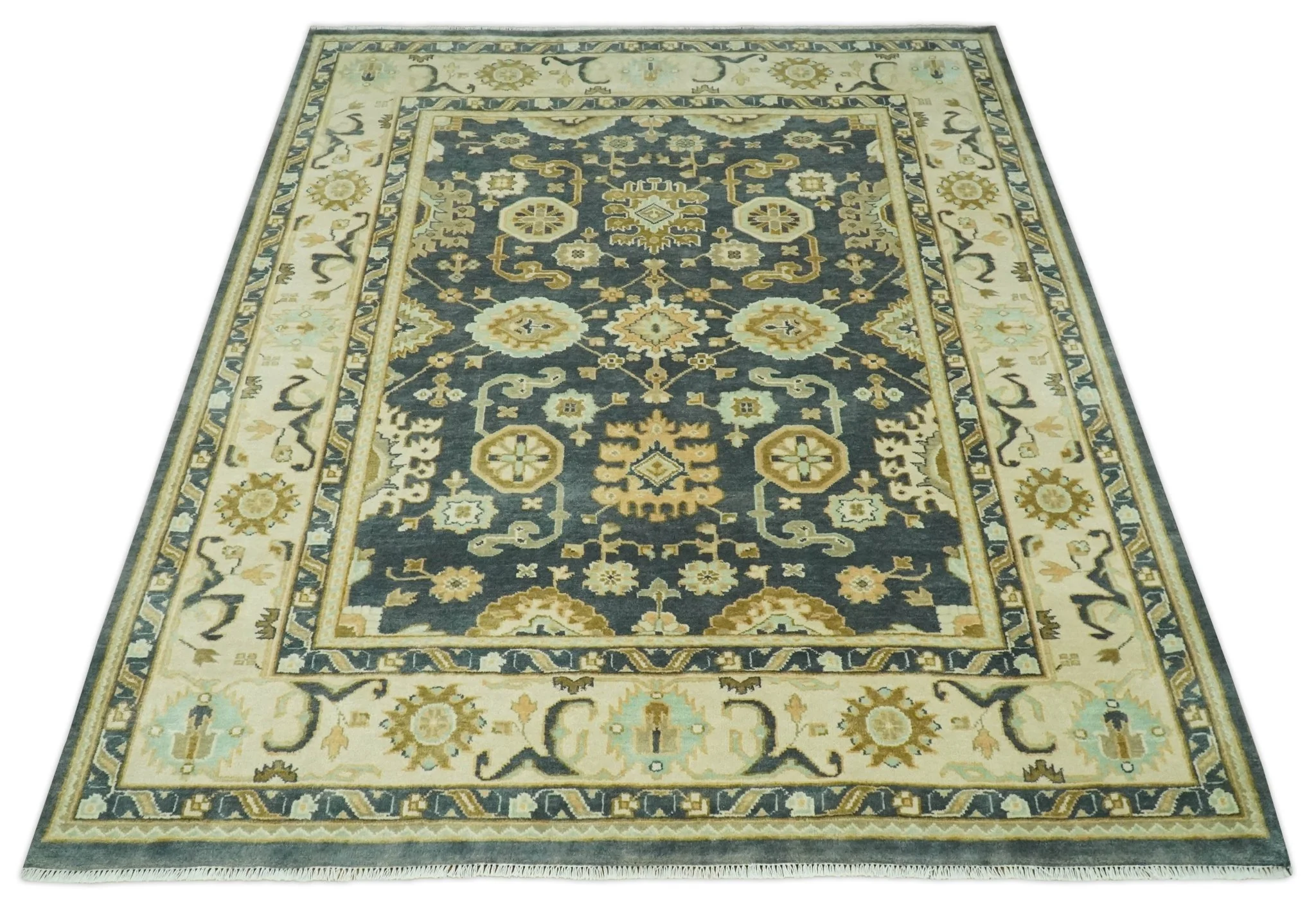 Charcoal, Beige and Olive Hand Knotted 8x10 Turkish Style Oushak Wool Area Rug - Image 12