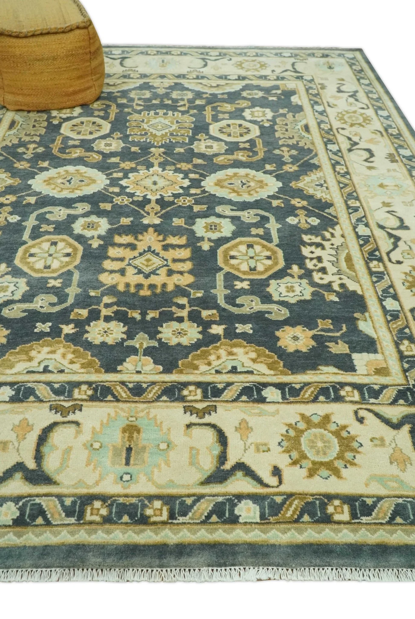 Charcoal, Beige and Olive Hand Knotted 8x10 Turkish Style Oushak Wool Area Rug - Image 3