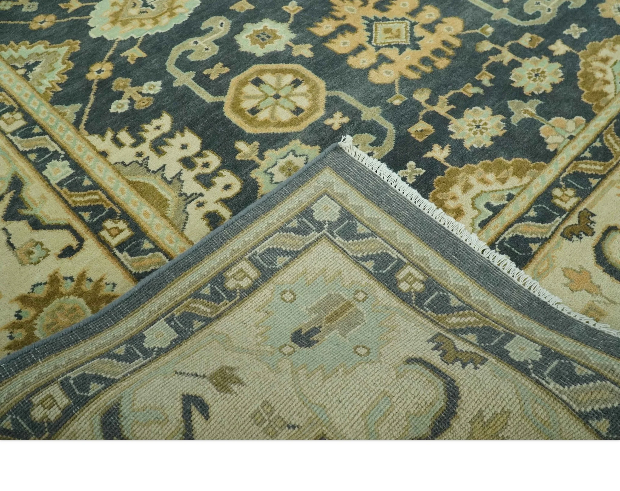 Charcoal, Beige and Olive Hand Knotted 8x10 Turkish Style Oushak Wool Area Rug - Image 7