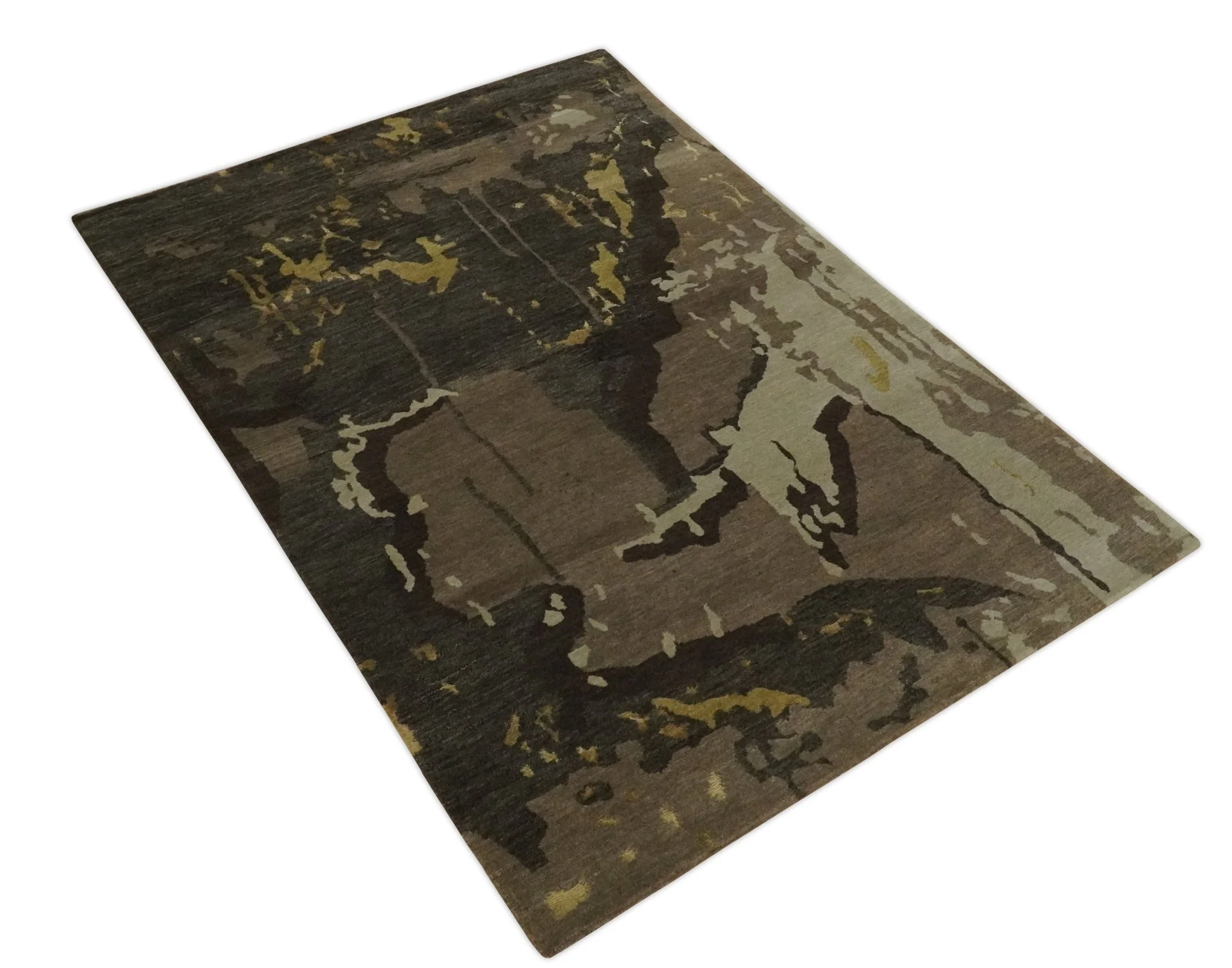 Charcoal, Brown, Beige and Olive Modern Abstract Hand loom 5x6.6 Wool And Art Silk Area Rug - Image 10