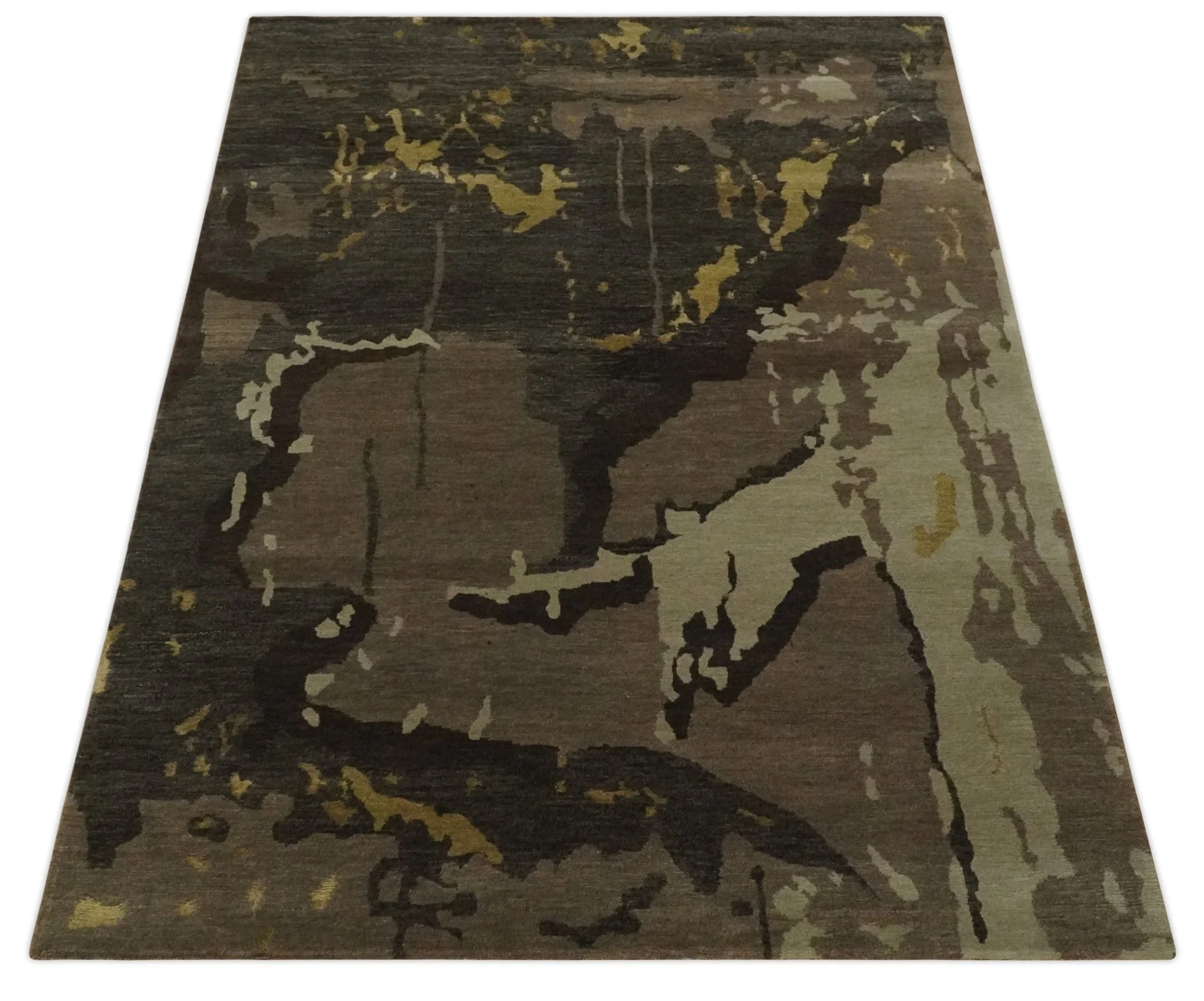 Charcoal, Brown, Beige and Olive Modern Abstract Hand loom 5x6.6 Wool And Art Silk Area Rug - Image 11