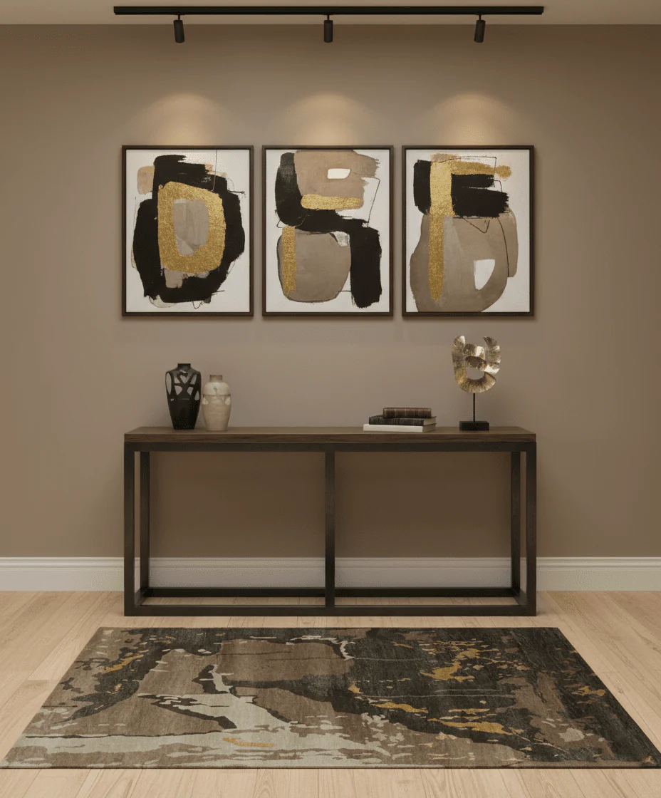 Charcoal, Brown, Beige and Olive Modern Abstract Hand loom 5x6.6 Wool And Art Silk Area Rug - Image 2