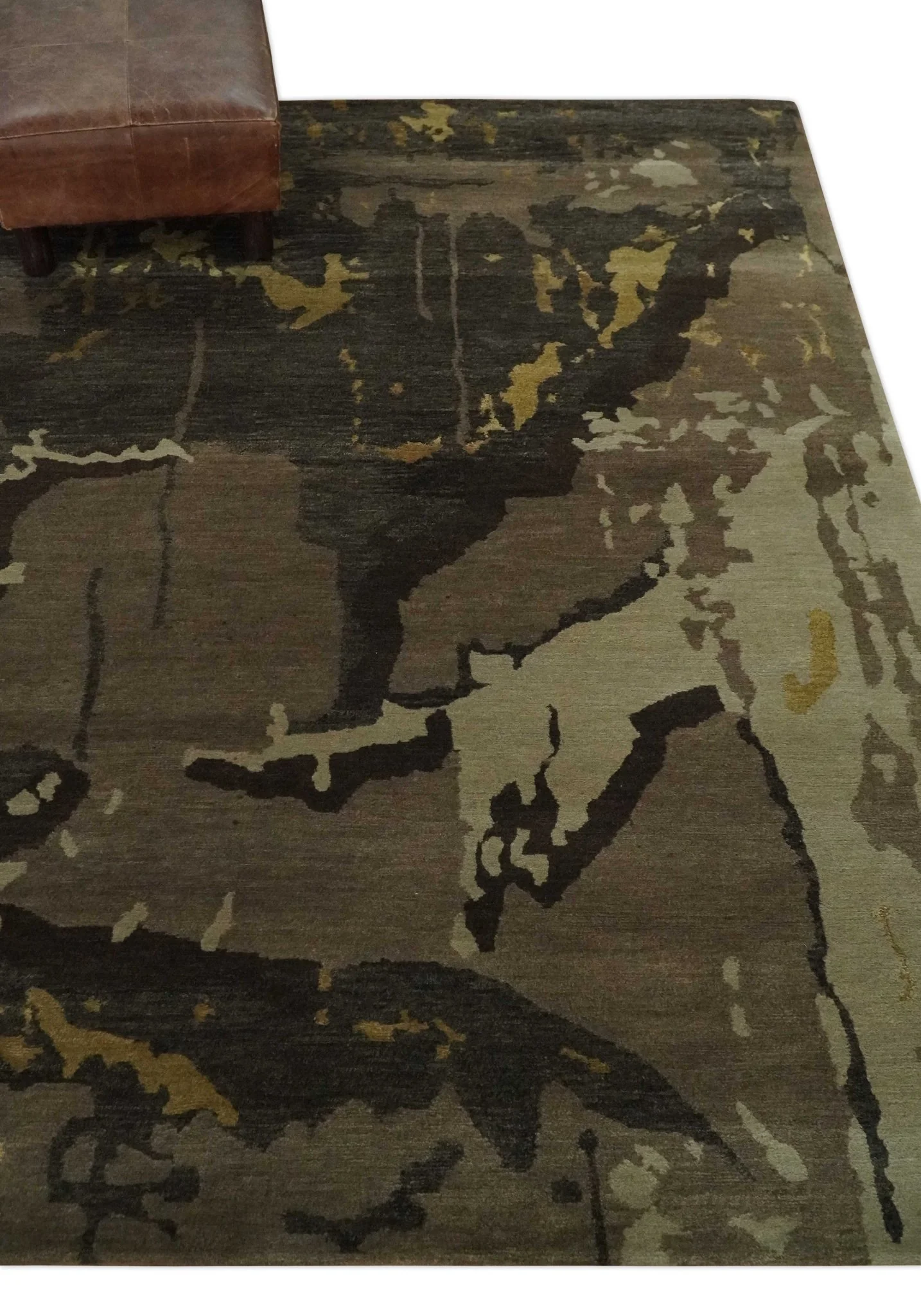 Charcoal, Brown, Beige and Olive Modern Abstract Hand loom 5x6.6 Wool And Art Silk Area Rug - Image 4
