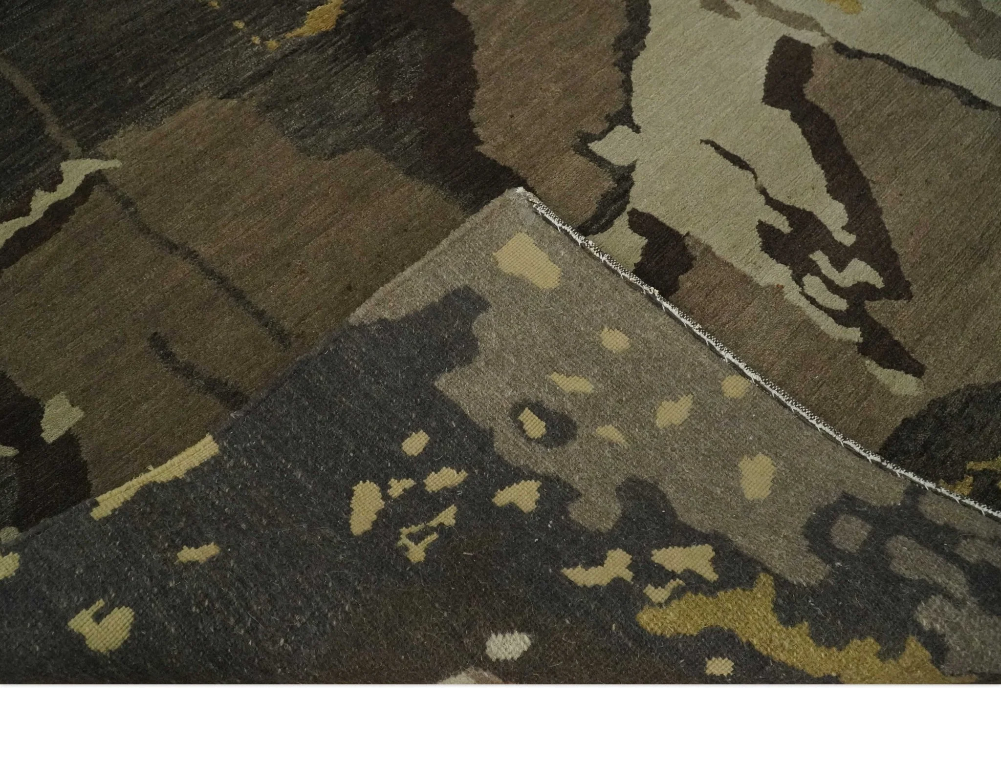 Charcoal, Brown, Beige and Olive Modern Abstract Hand loom 5x6.6 Wool And Art Silk Area Rug - Image 8
