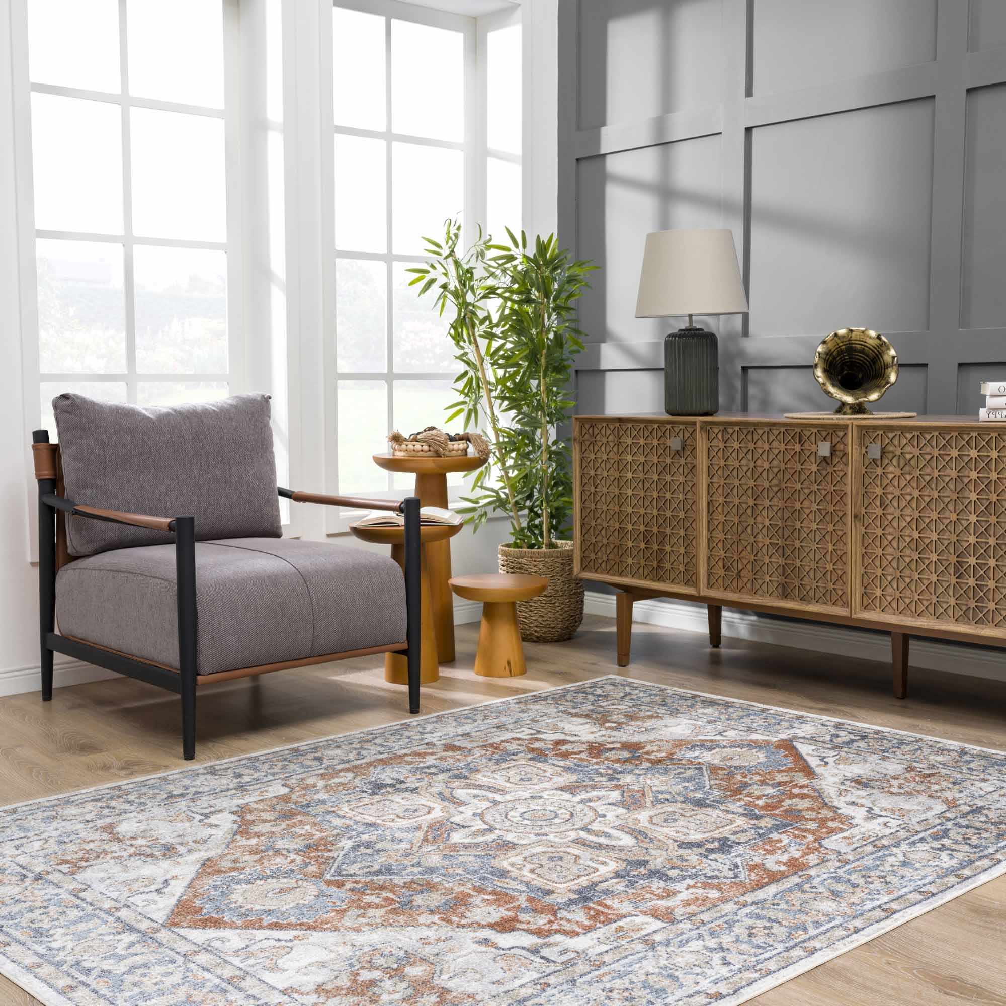 Antique Style Charcoal, Brown and Silver Traditional Heriz Design Washable Rug - Image 16