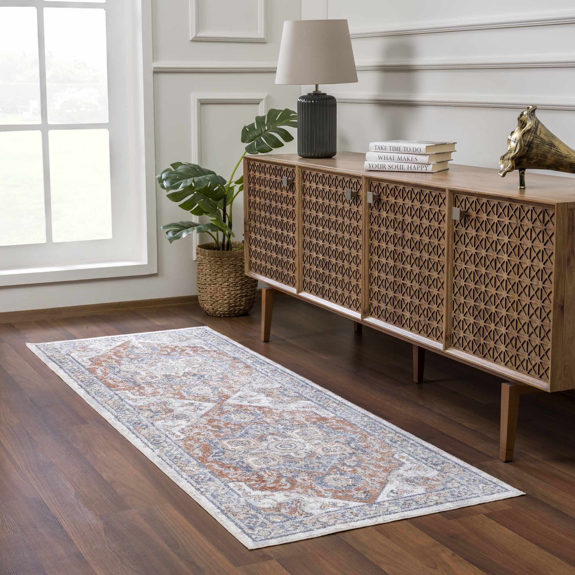 Antique Style Charcoal, Brown and Silver Traditional Heriz Design Washable Rug - Image 3