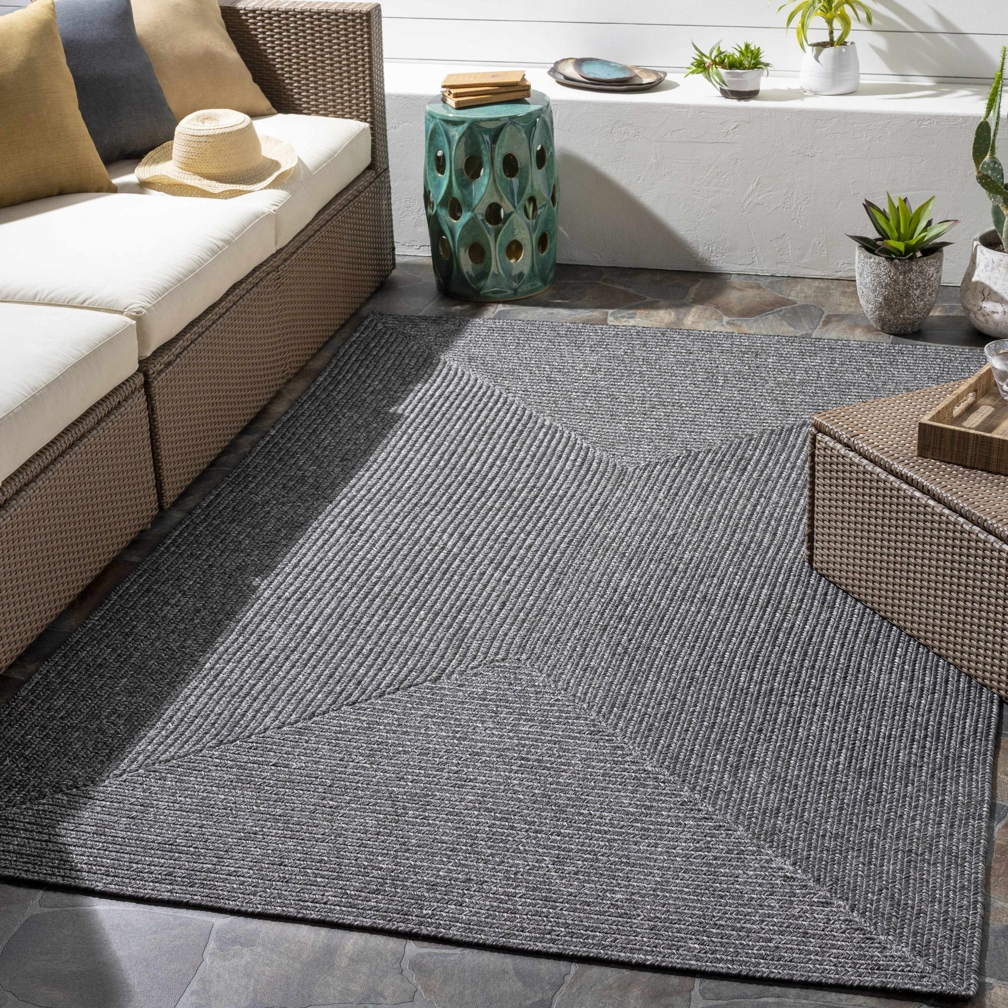 Charcoal Chevron Design Jute Braided Outdoor safe area Rug - Image 2