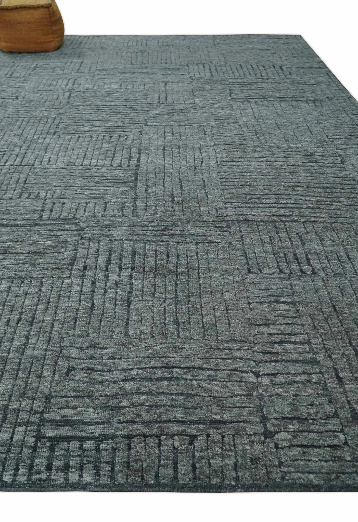 Charcoal Contemporary Stripes Pattern Hand Knotted 9.3x14.8 Wool Area Rug - Image 3